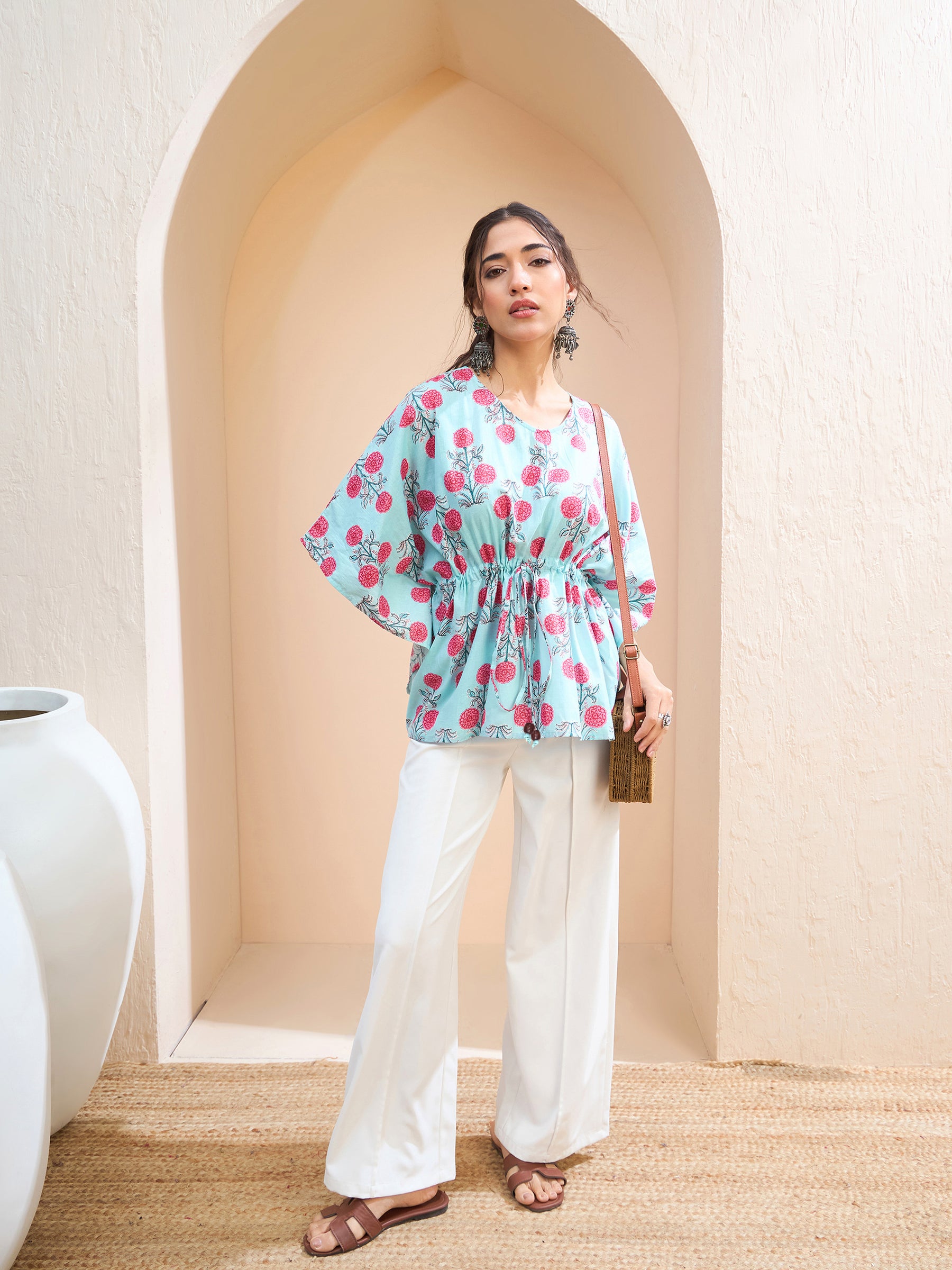 Women Blue Floral Kaftan Kurti