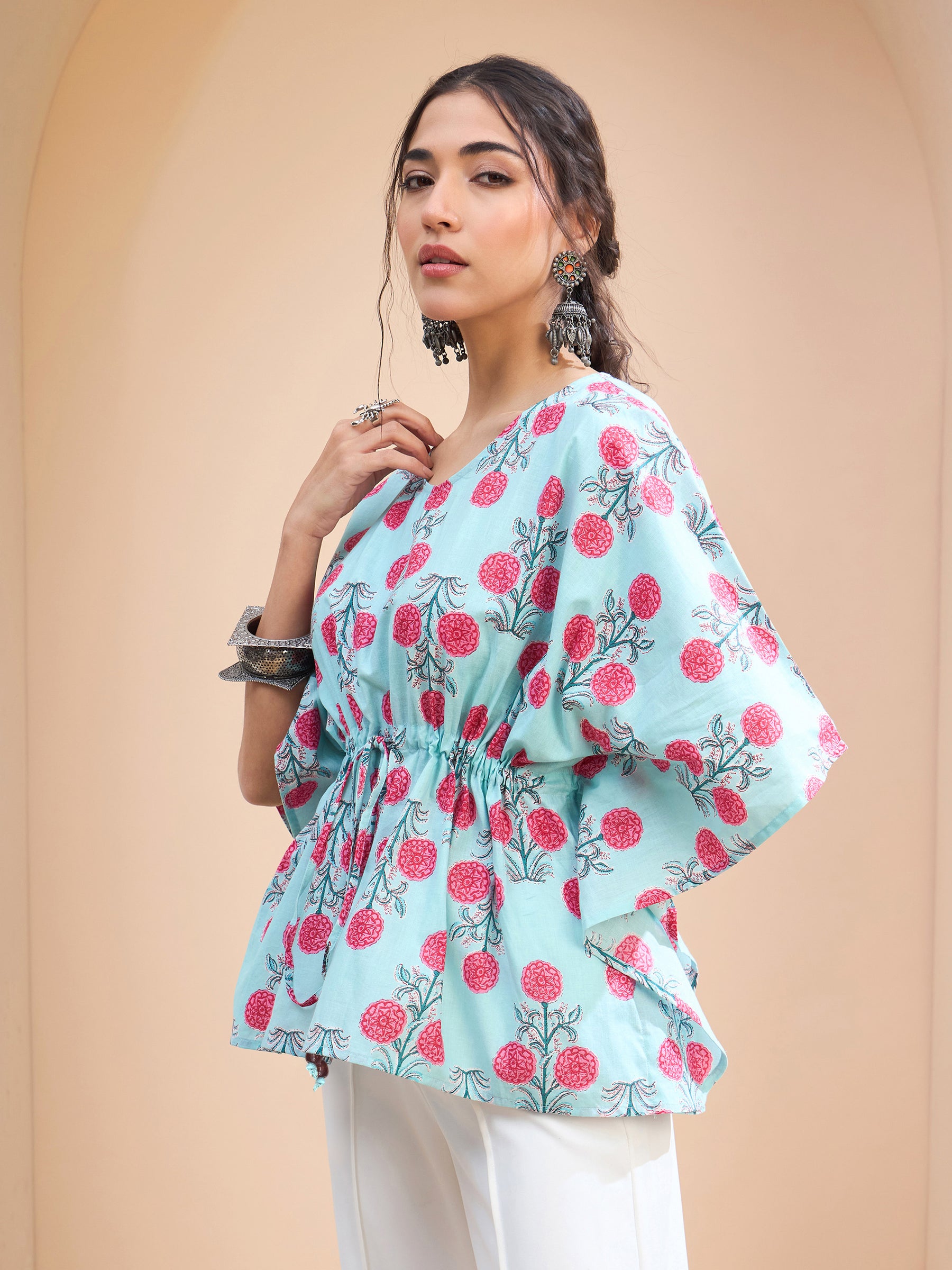 Women Blue Floral Kaftan Kurti