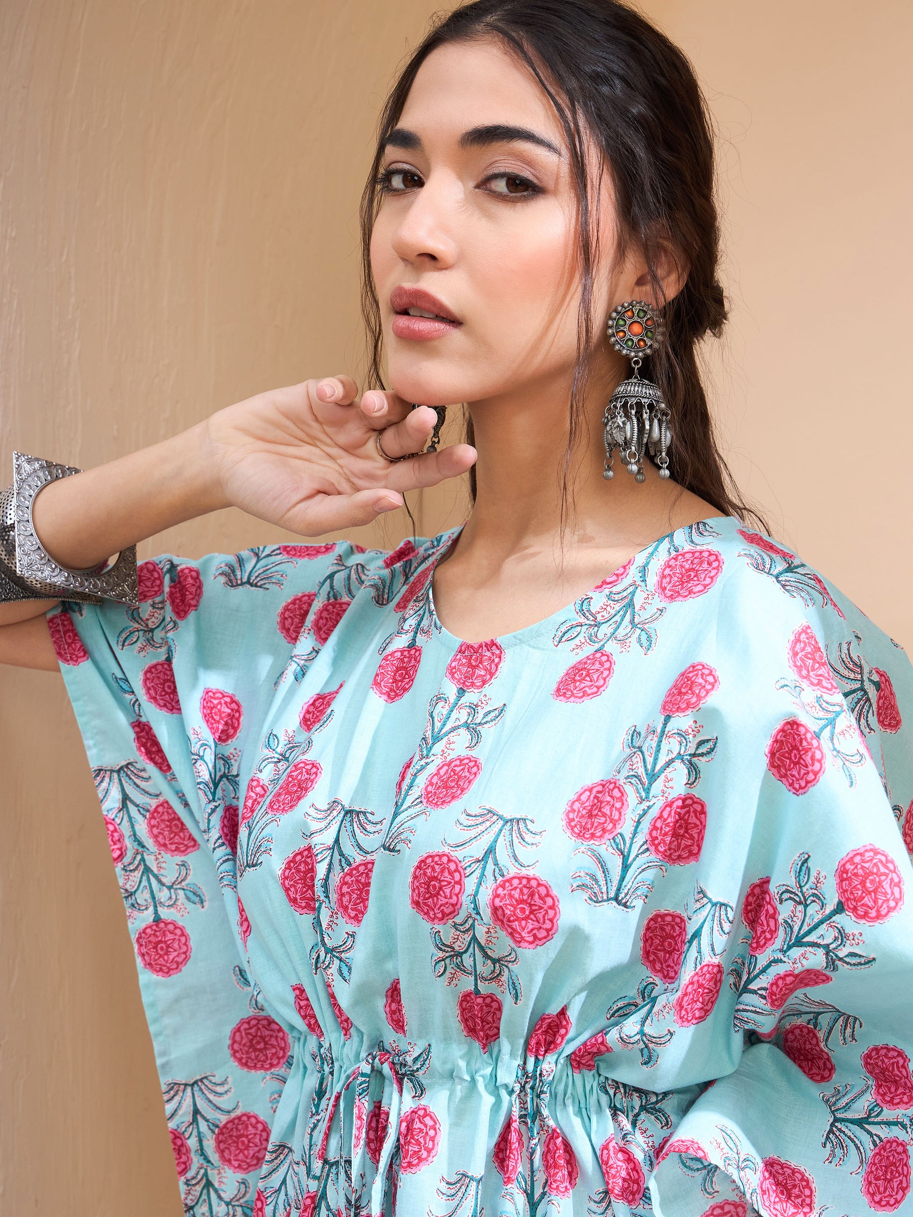 Women Blue Floral Kaftan Kurti