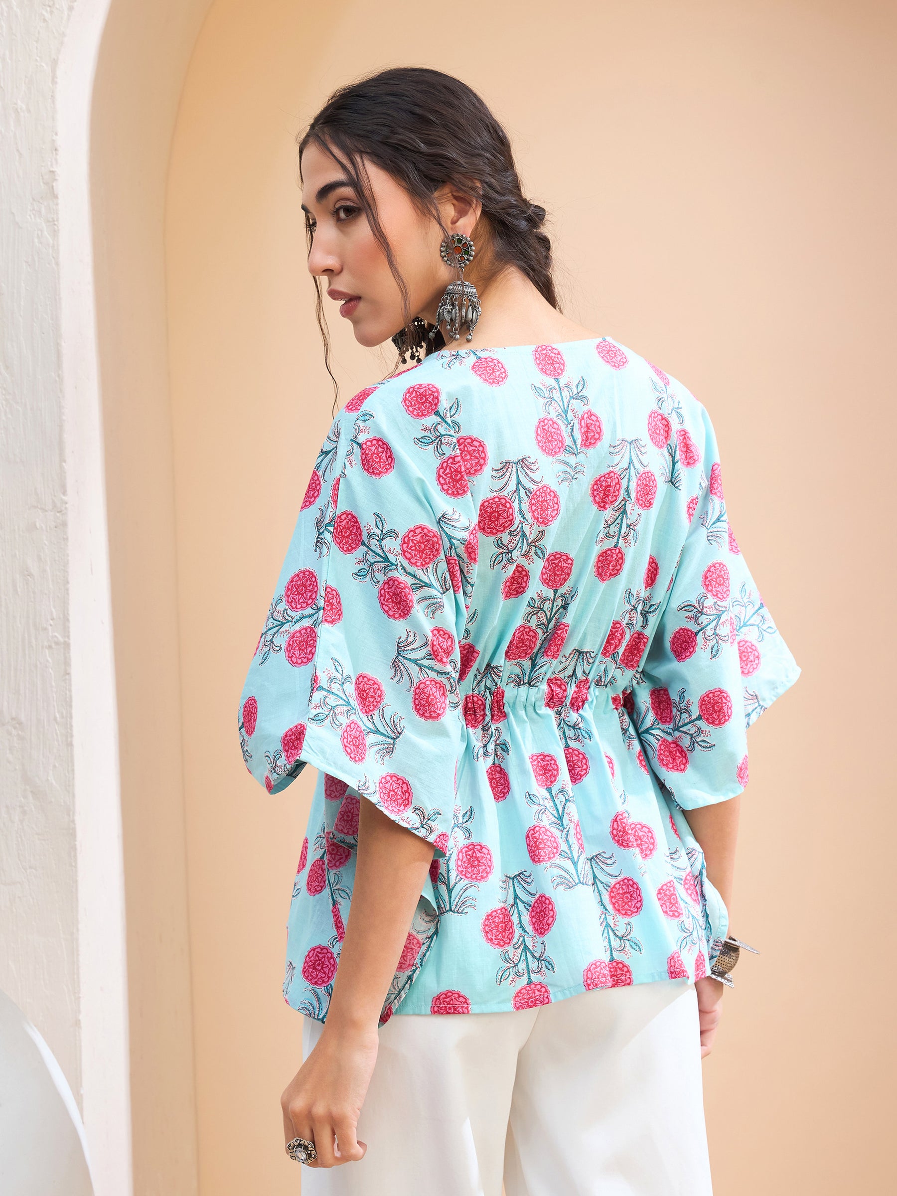Women Blue Floral Kaftan Kurti