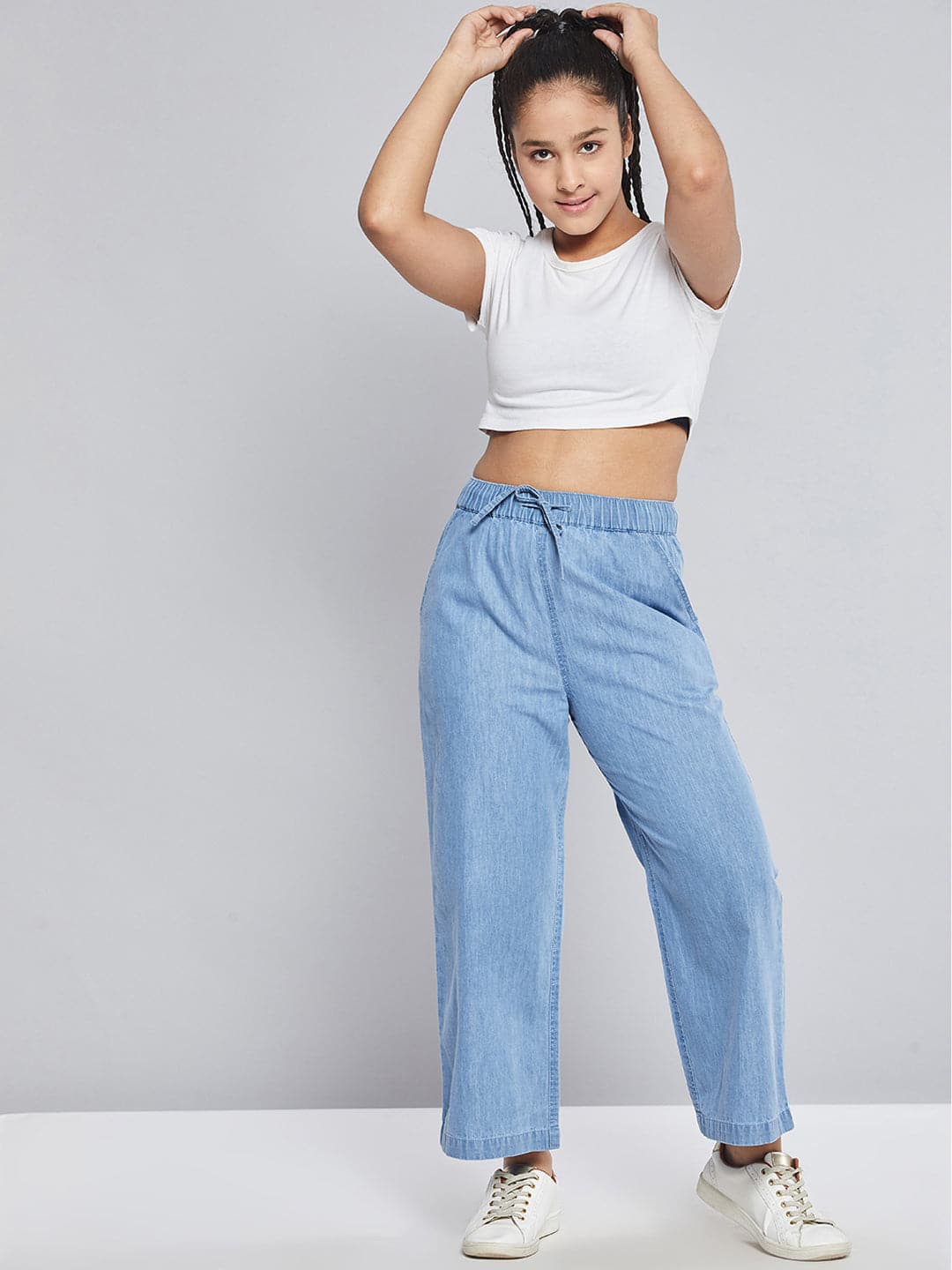 Girls Blue Tencel Wide Leg Drawstring Pants-Girls Pants-SASSAFRAS
