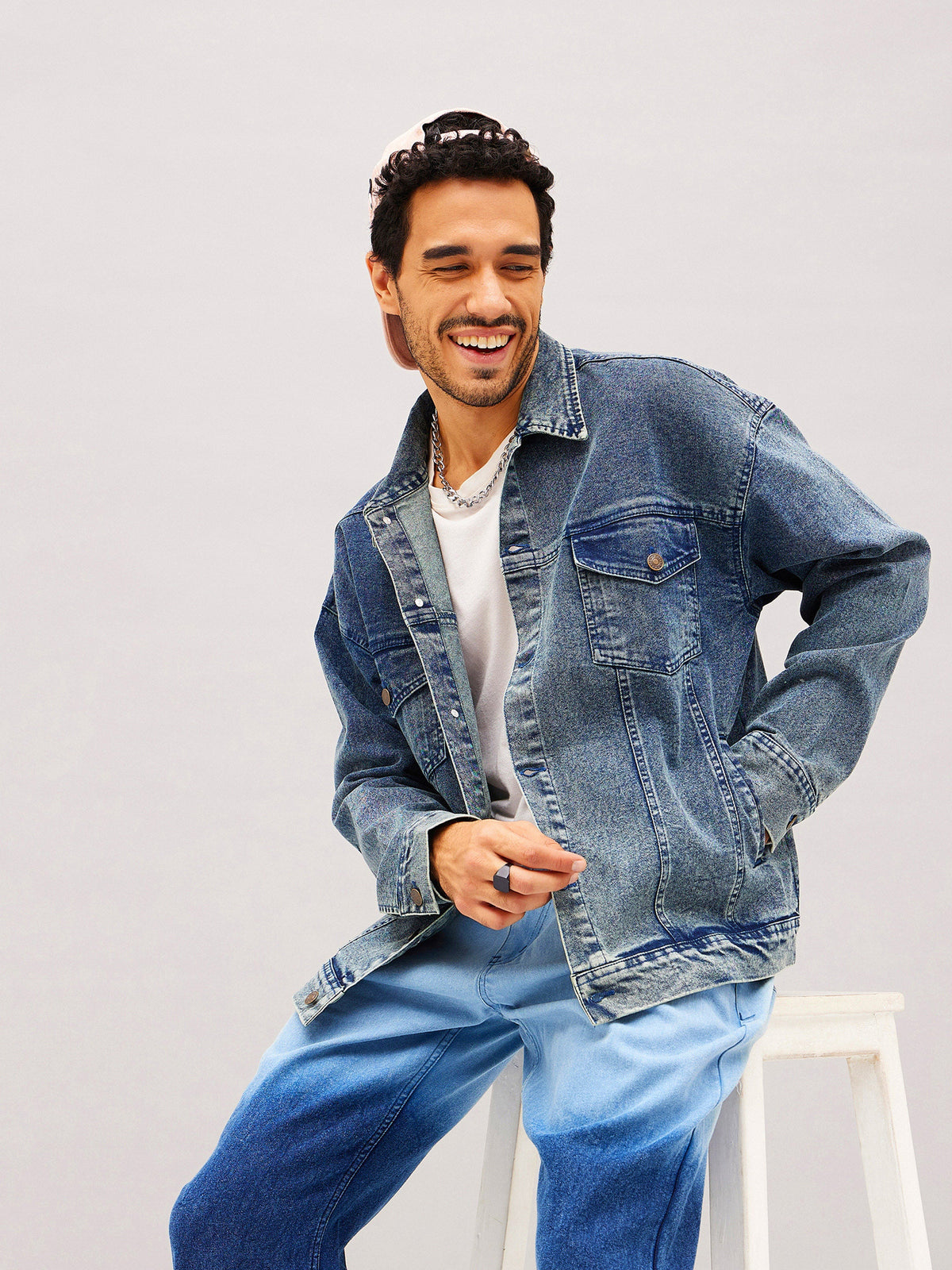 Blue Washed Relax Fit Denim Jacket-MASCLN SASSAFRAS