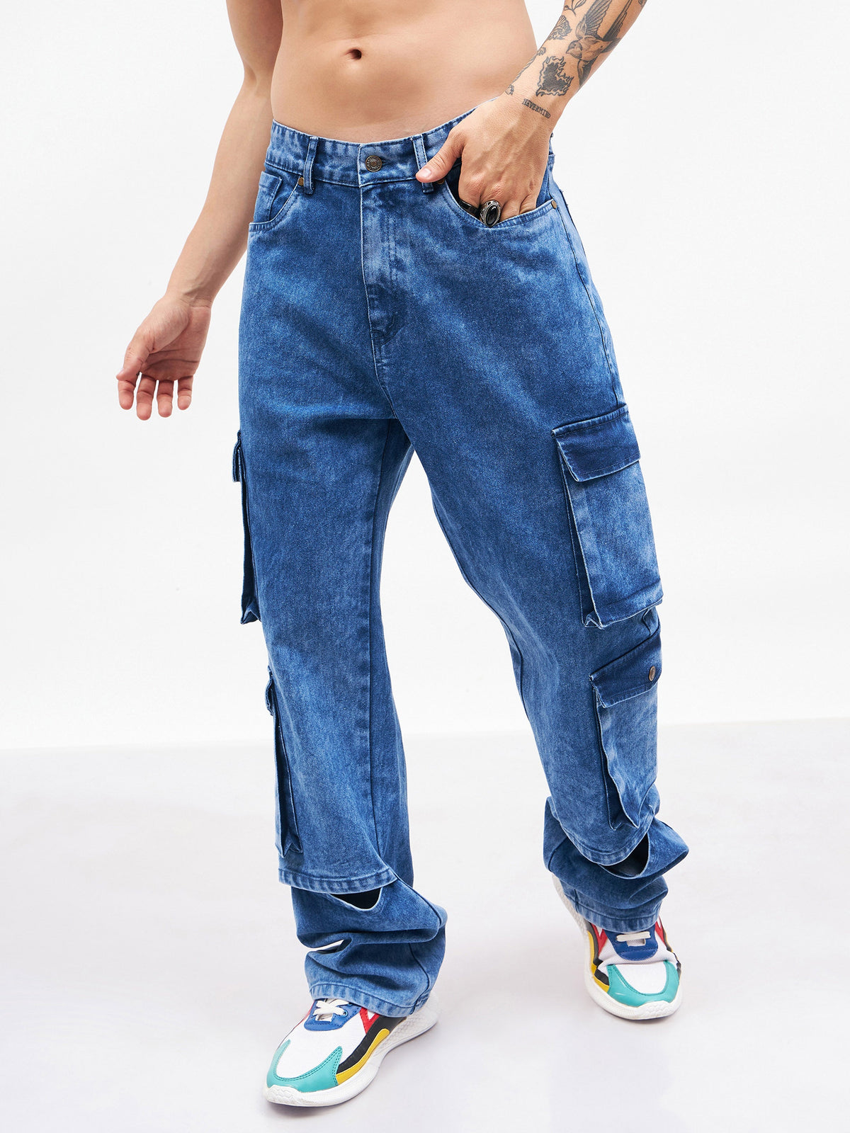 Blue Washed Utility Pocket Relax Fit Jeans-MASCLN SASSAFRAS