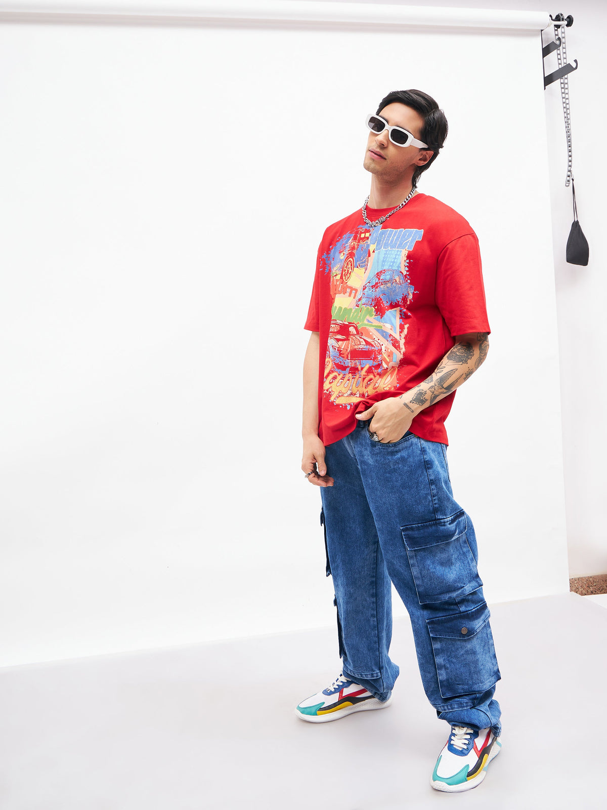 Blue Washed Utility Pocket Relax Fit Jeans-MASCLN SASSAFRAS