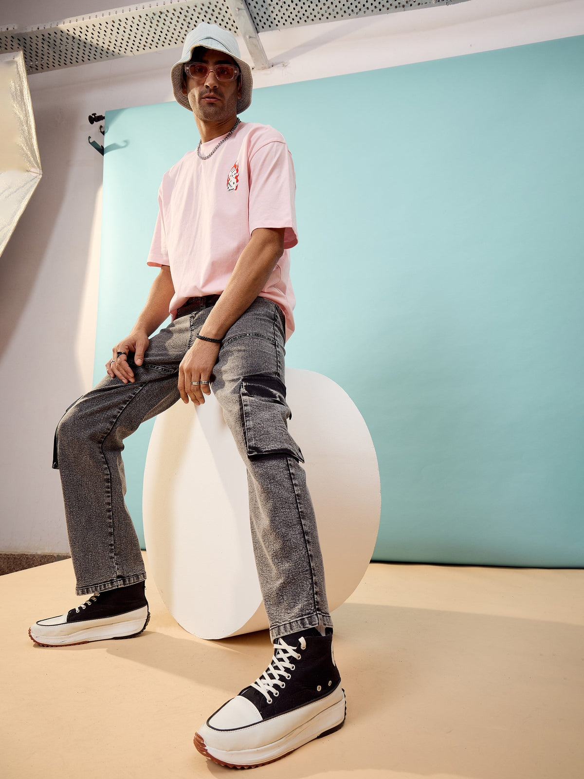 Black Washed Cargo Pocket Oversize Jeans-MASCLN SASSAFRAS