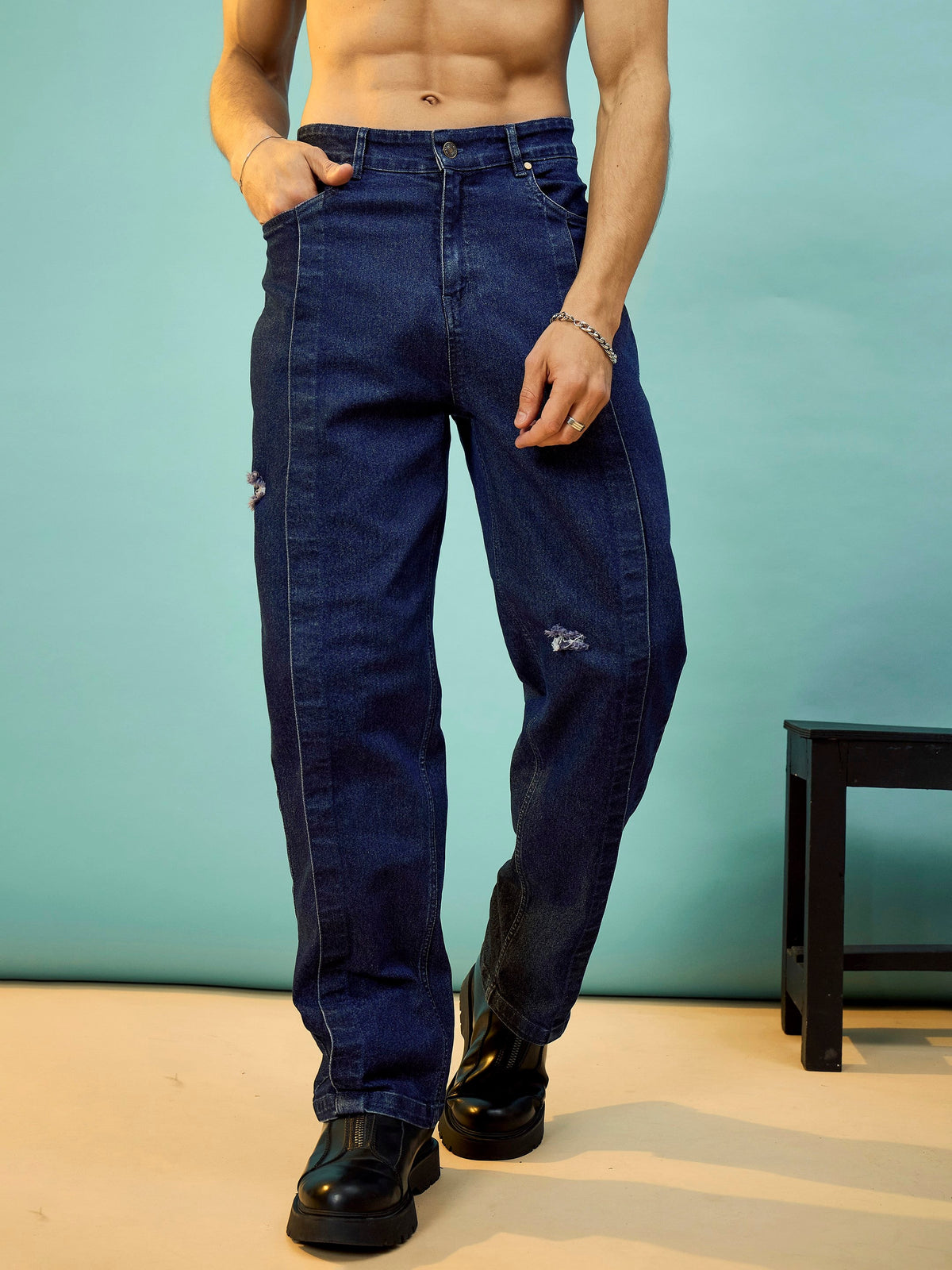 Navy Front Detail Oversize Jeans-MASCLN SASSAFRAS