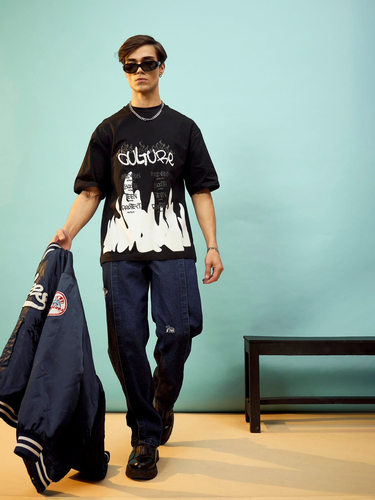 Navy Front Detail Oversize Jeans-MASCLN SASSAFRAS