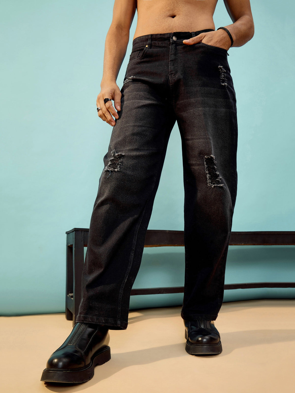 Black Washed Distressed Oversize Jeans-MASCLN SASSAFRAS