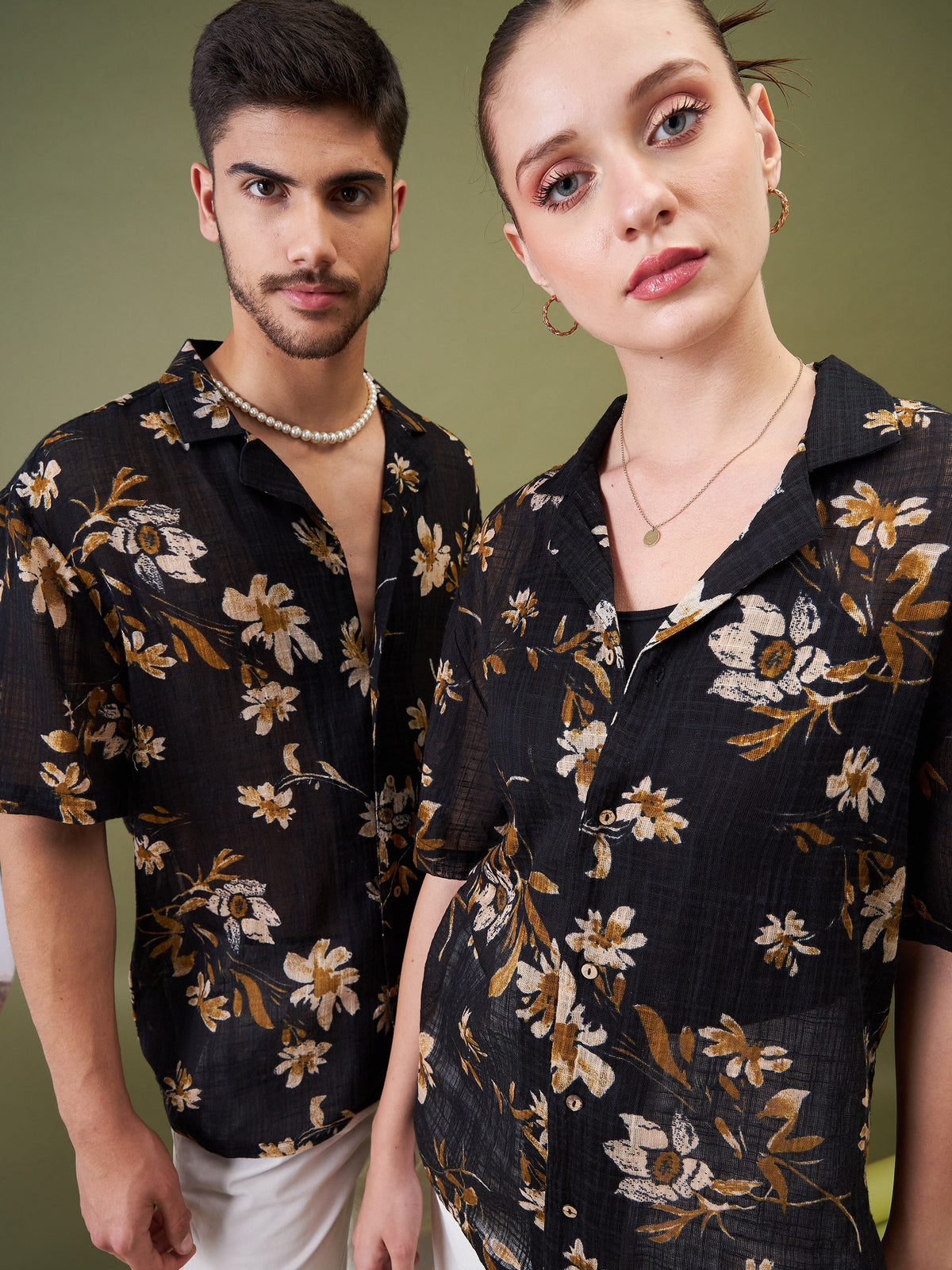 Unisex Black Floral Relax Fit Shirt-MASCLN SASSAFRAS