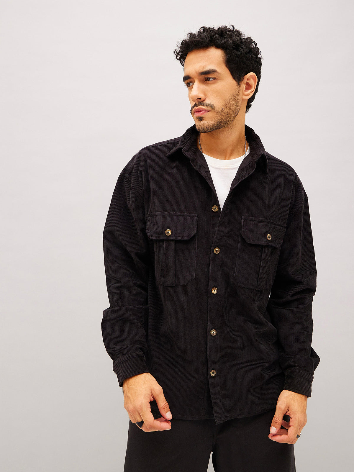 Black Corduroy Oversized Shacket-MASCLN SASSAFRAS
