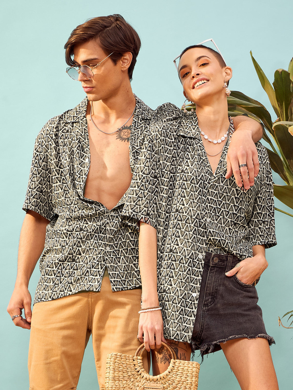 Unisex Brown Geometric Print Relax Fit Shirt-MASCLN SASSAFRAS