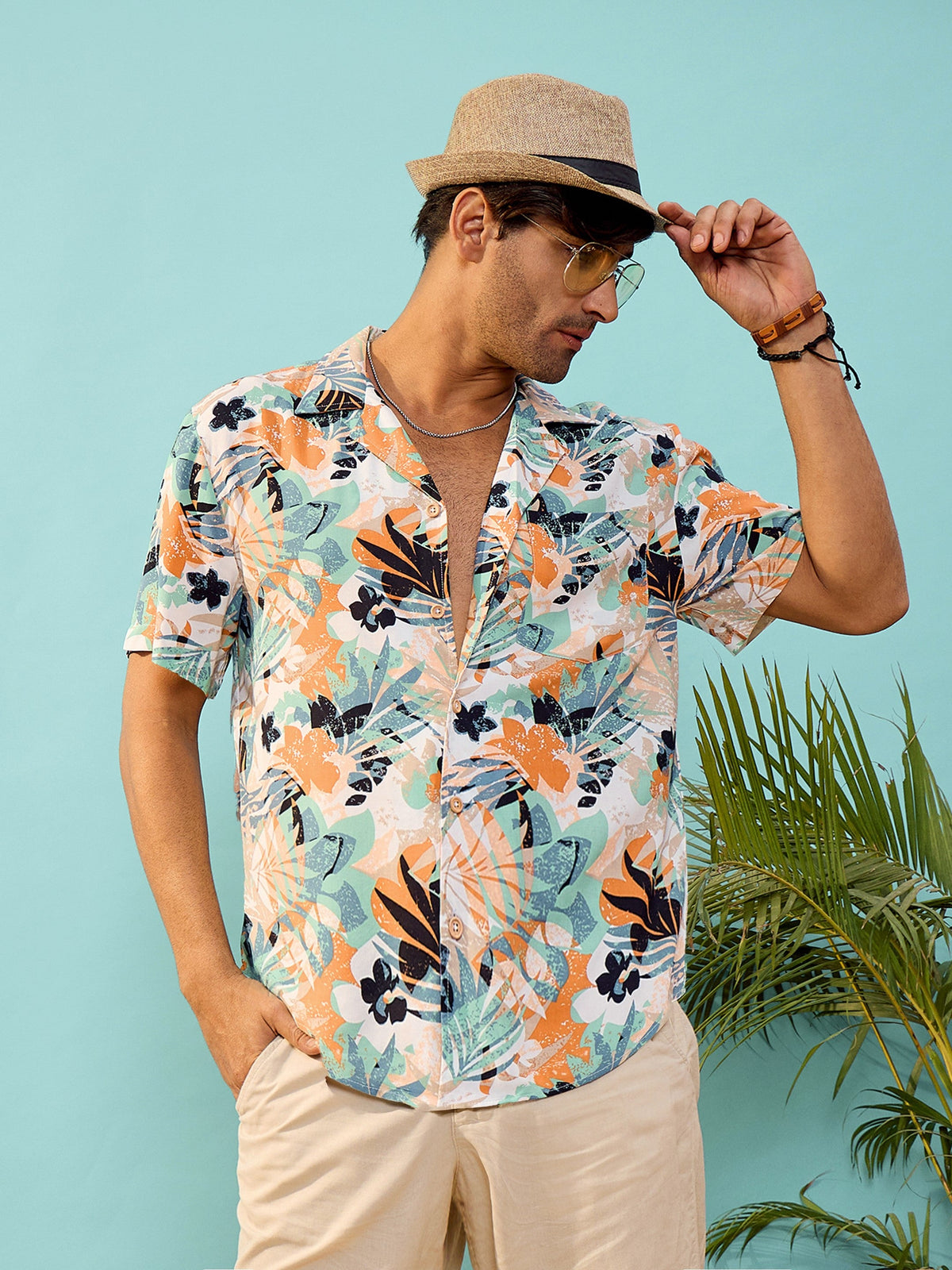 Unisex White Tropical Print Relax Fit Shirt-MASCLN SASSAFRAS