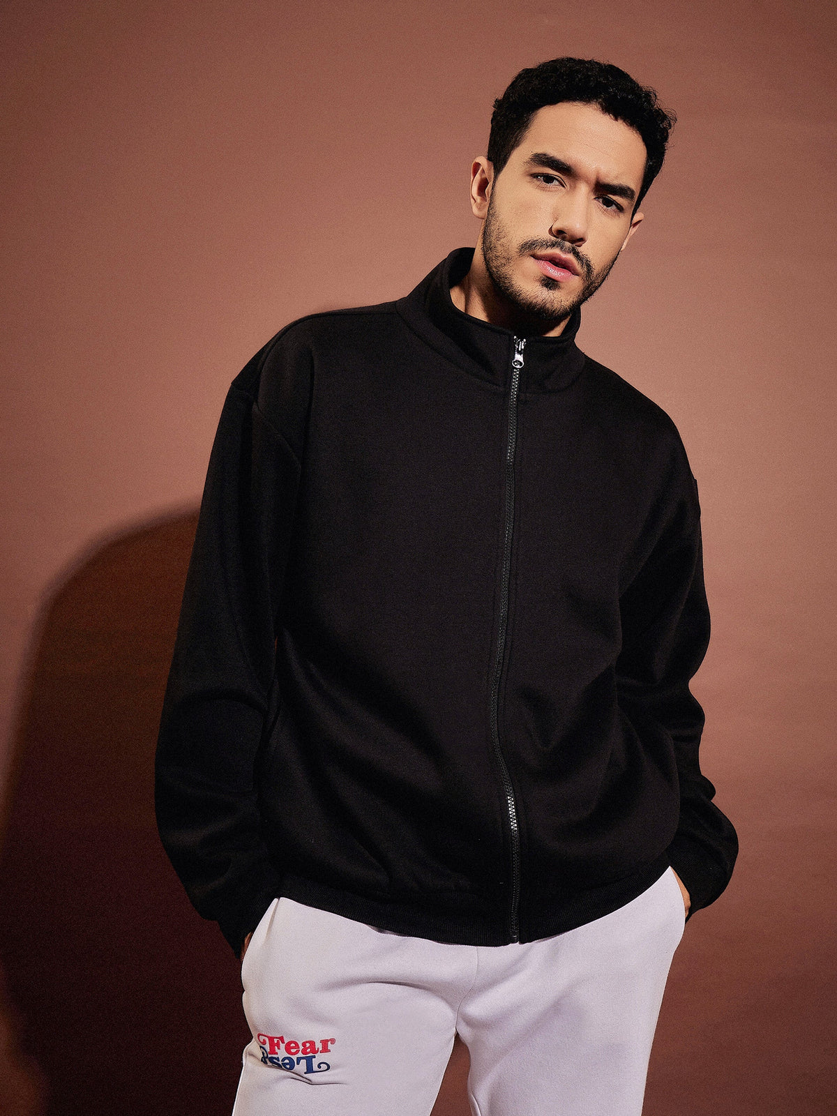 Black Front Zipper Oversized Sweatshirt-MASCLN SASSAFRAS