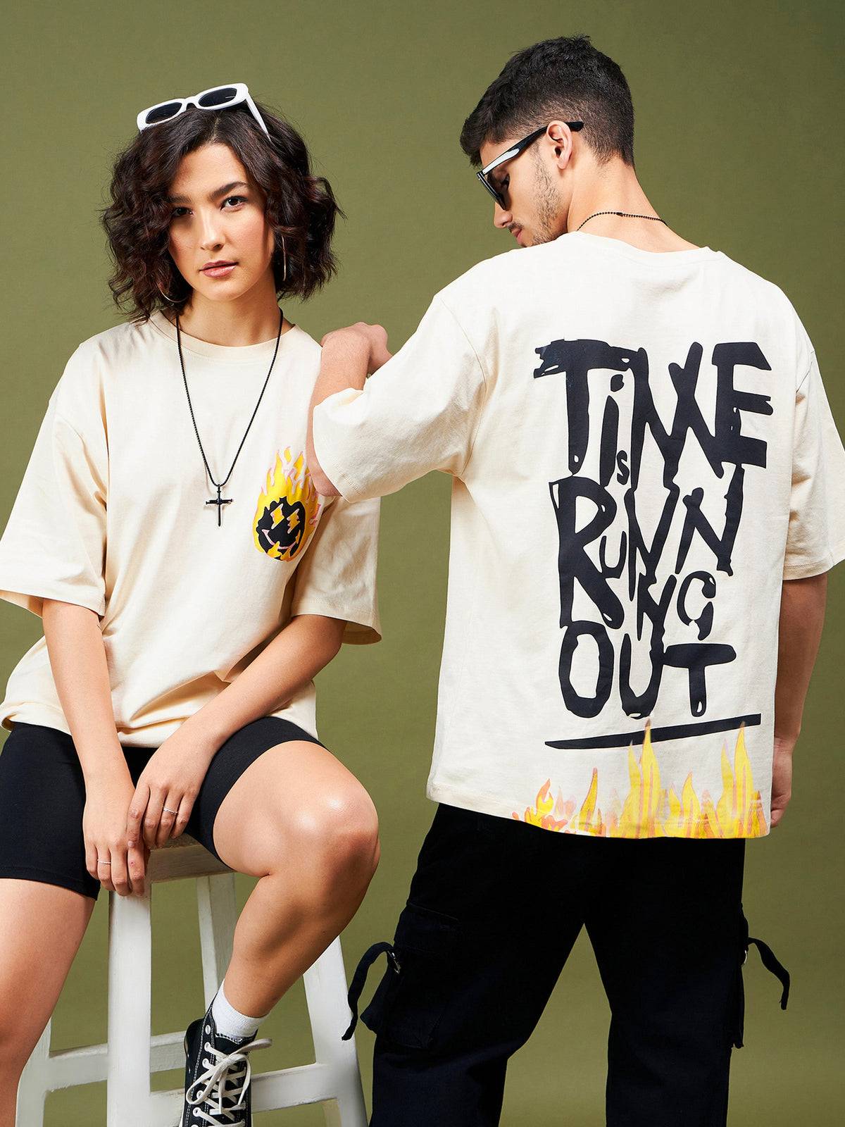 Unisex Beige TIME Oversized T-Shirt-MASCLN SASSAFRAS