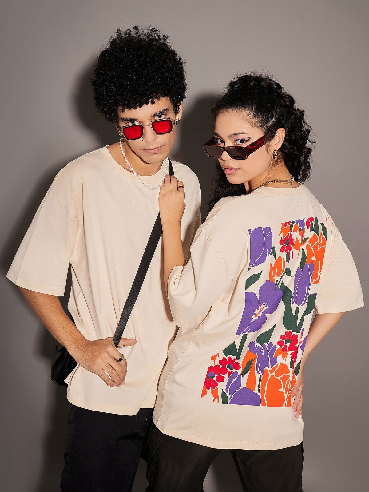 Unisex Beige Floral Back Print Oversized T-Shirt-MASCLN SASSAFRAS