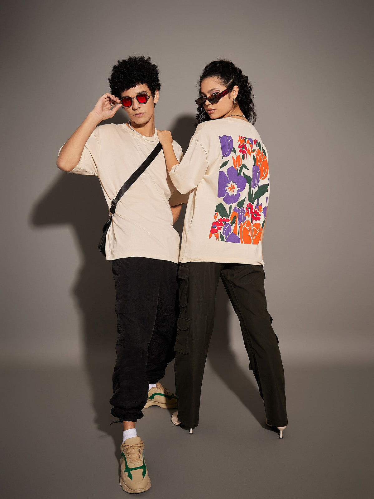 Unisex Beige Floral Back Print Oversized T-Shirt-MASCLN SASSAFRAS