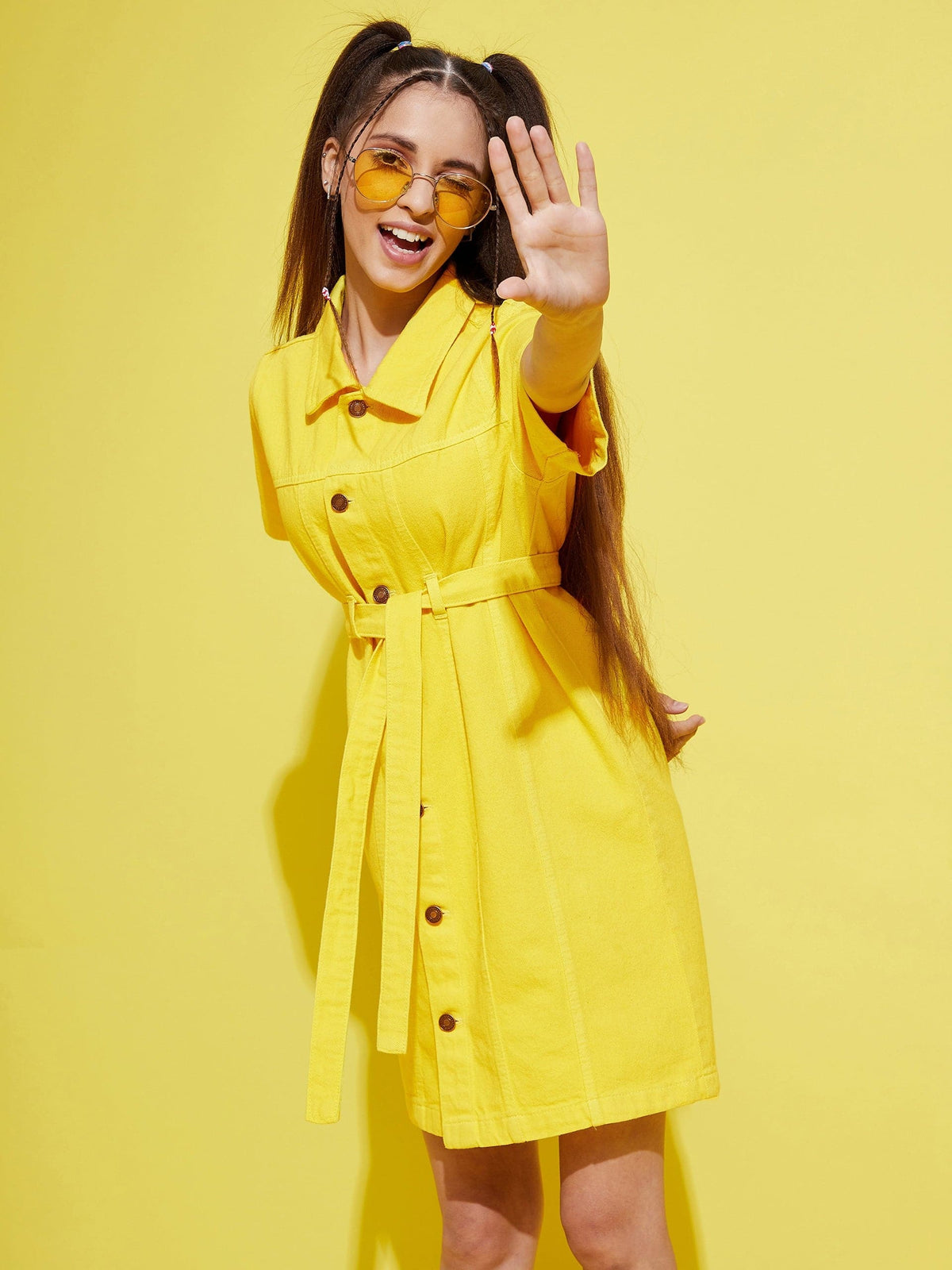 Girls Yellow Front Button Denim Shirt Dress-Girls Dresses-SASSAFRAS