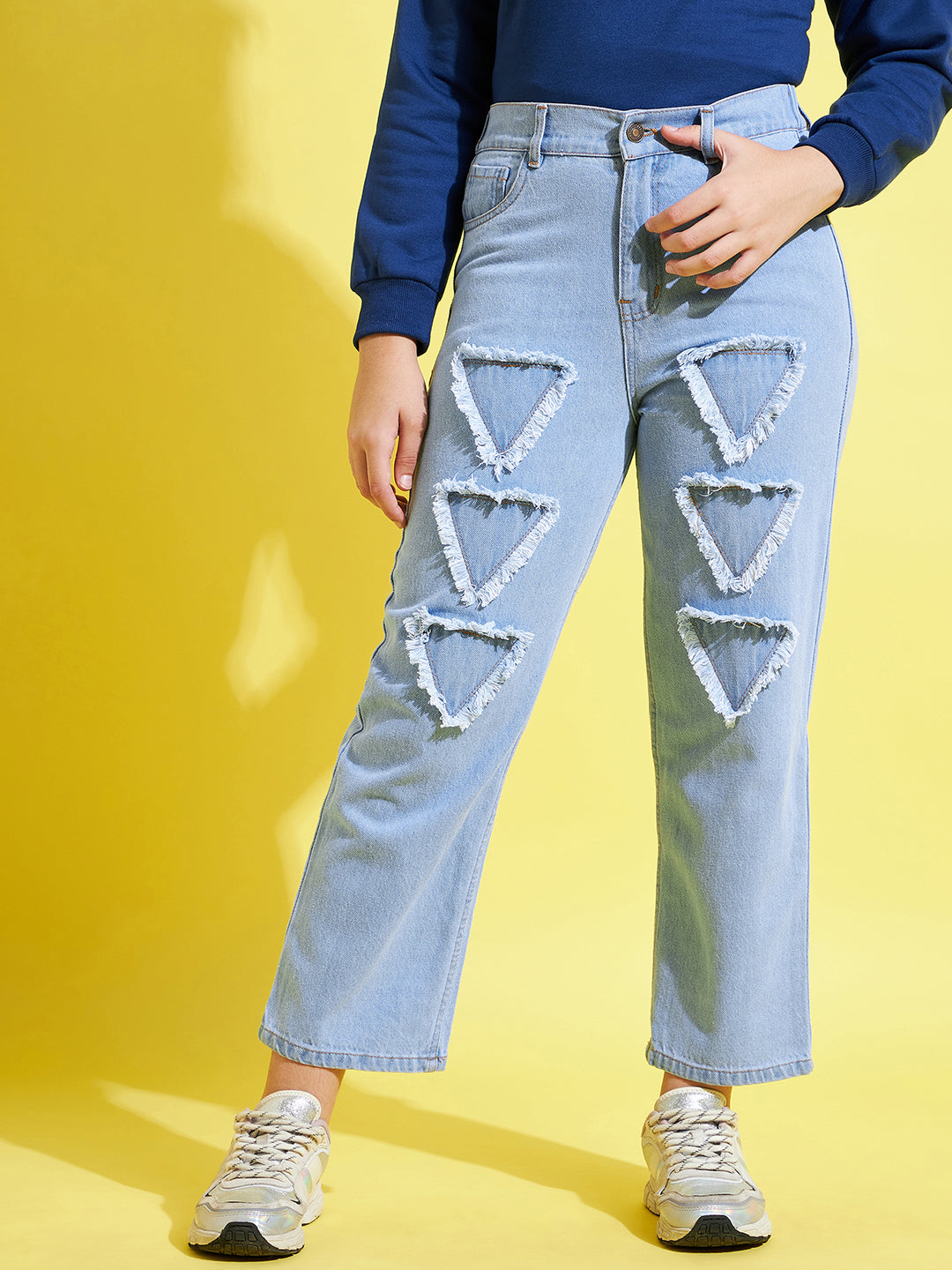 Girls Ice Blue Triangle Patch Jeans