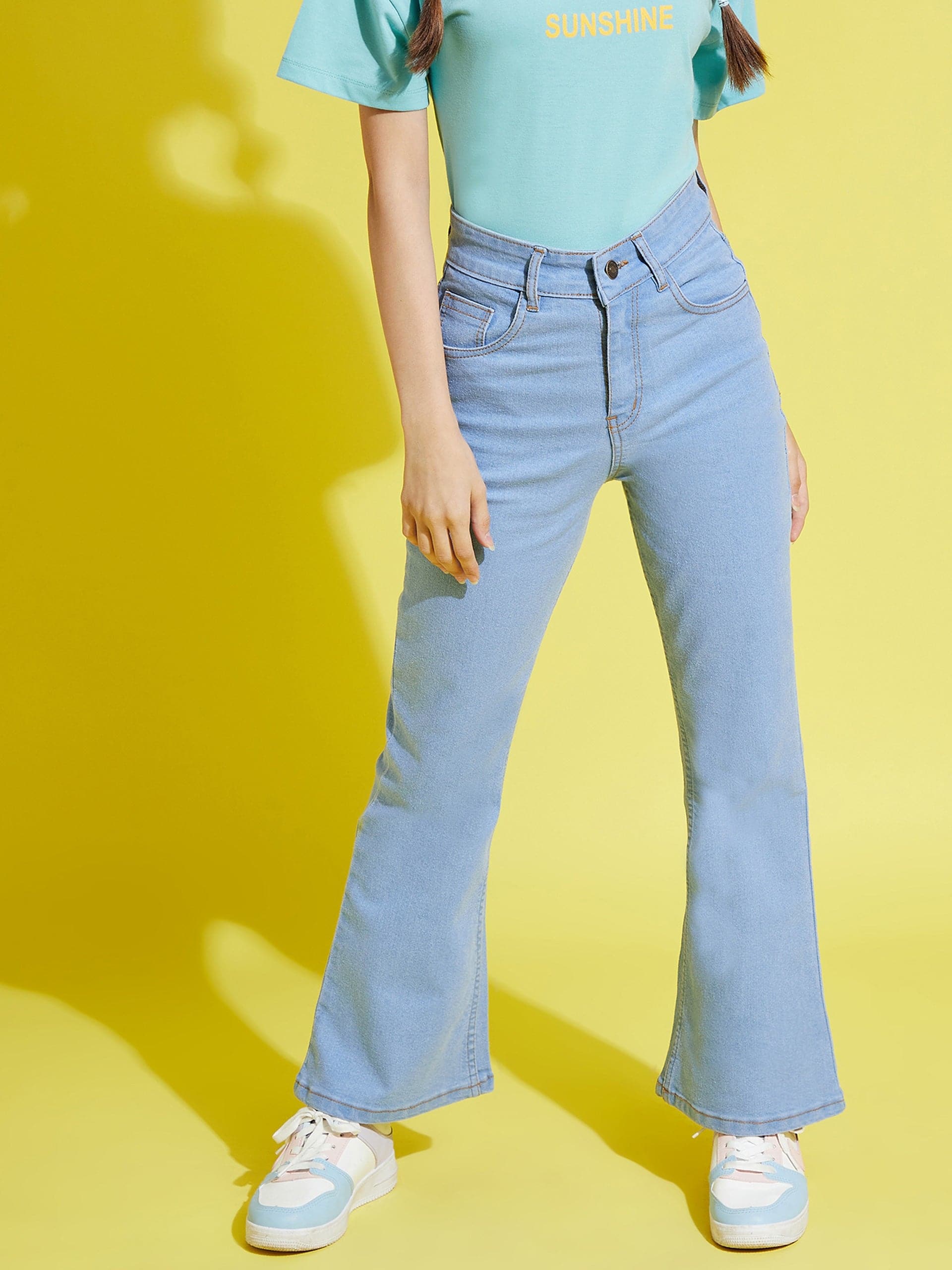 Girls Ice Blue Bell Bottom Jeans - Main Image