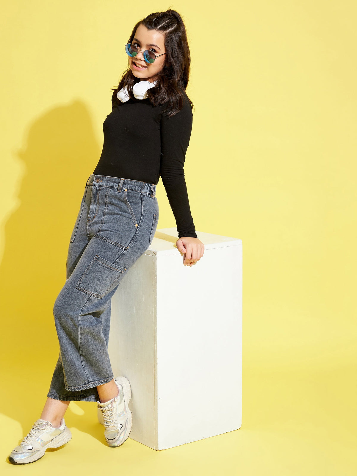 Girls Grey Acid Wash Patch Pocket Straight Jeans
