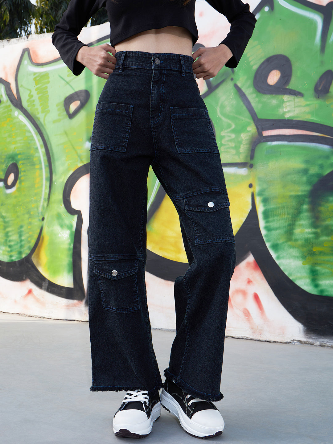 Black Acid Wash Raw Hem Straight Jeans-Noh.Voh