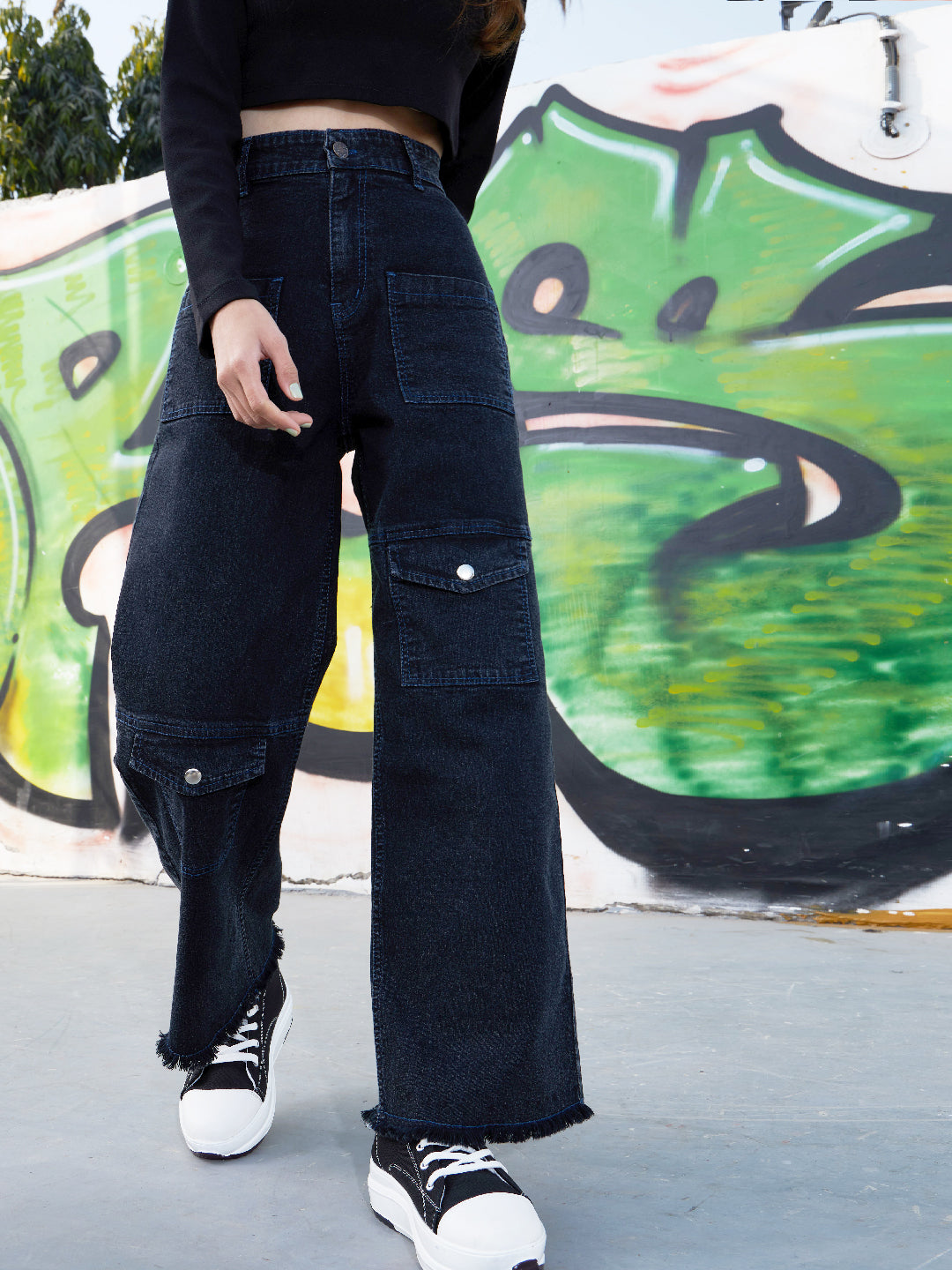 Black Acid Wash Raw Hem Straight Jeans-Noh.Voh