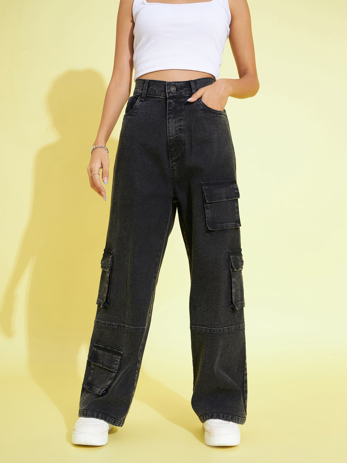 Black Acid Wash Multi Pockets Straight Jeans-Noh.Voh