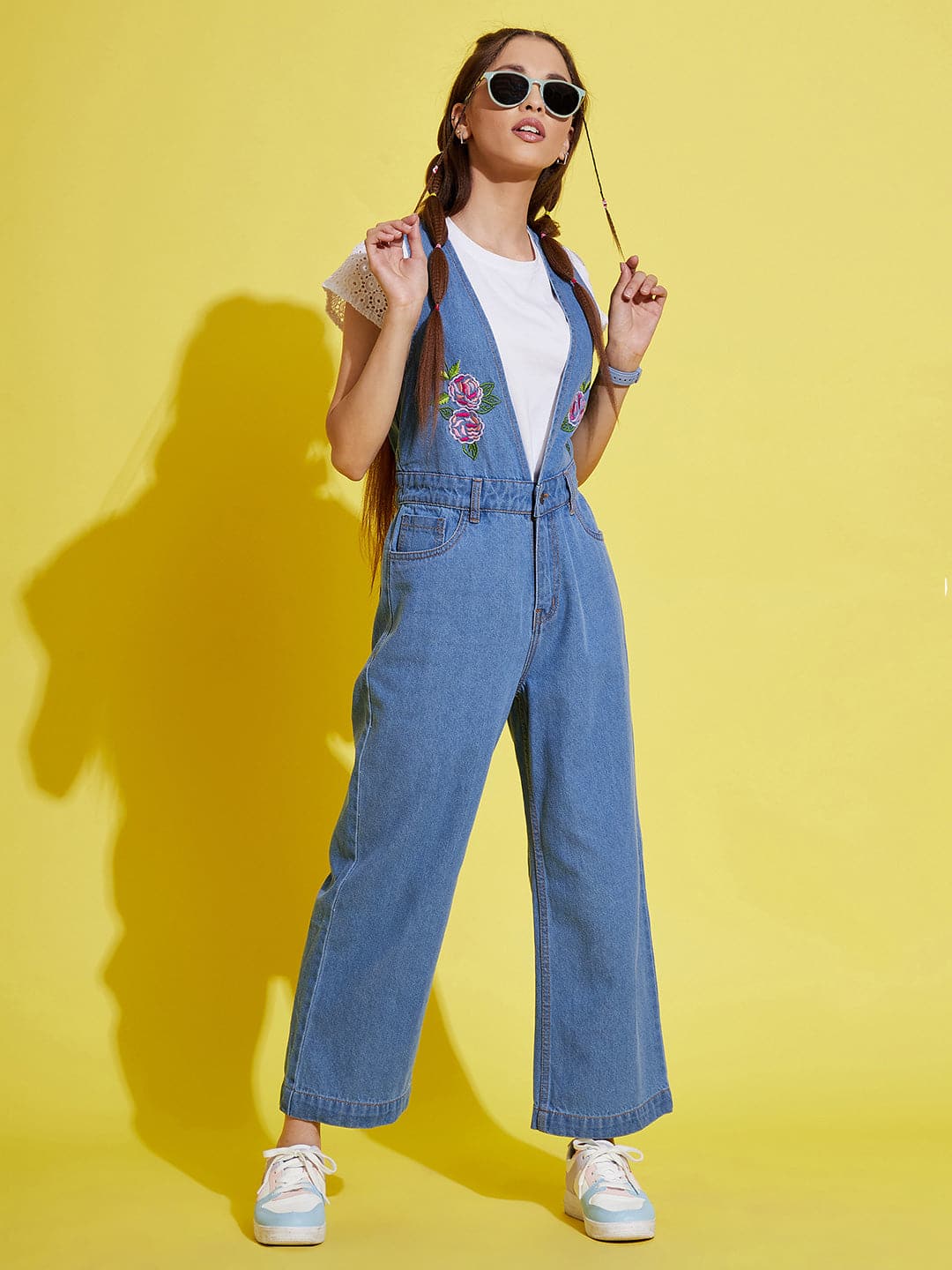 Girls Ice Blue Embroidery Denim Jumpsuit - Main Image