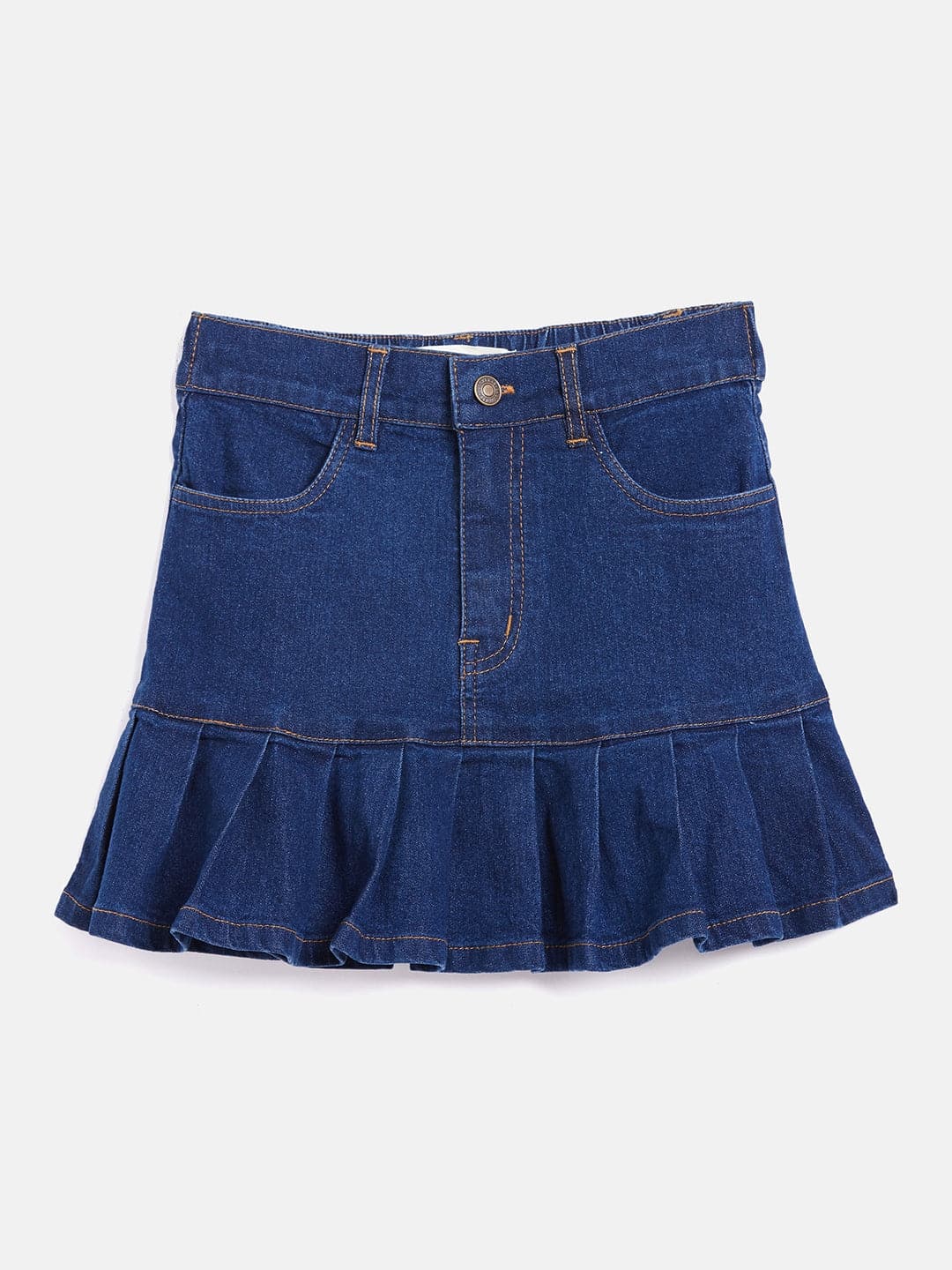 Girls Navy Denim Pleated Mini Skirt-Girls Skirts-SASSAFRAS
