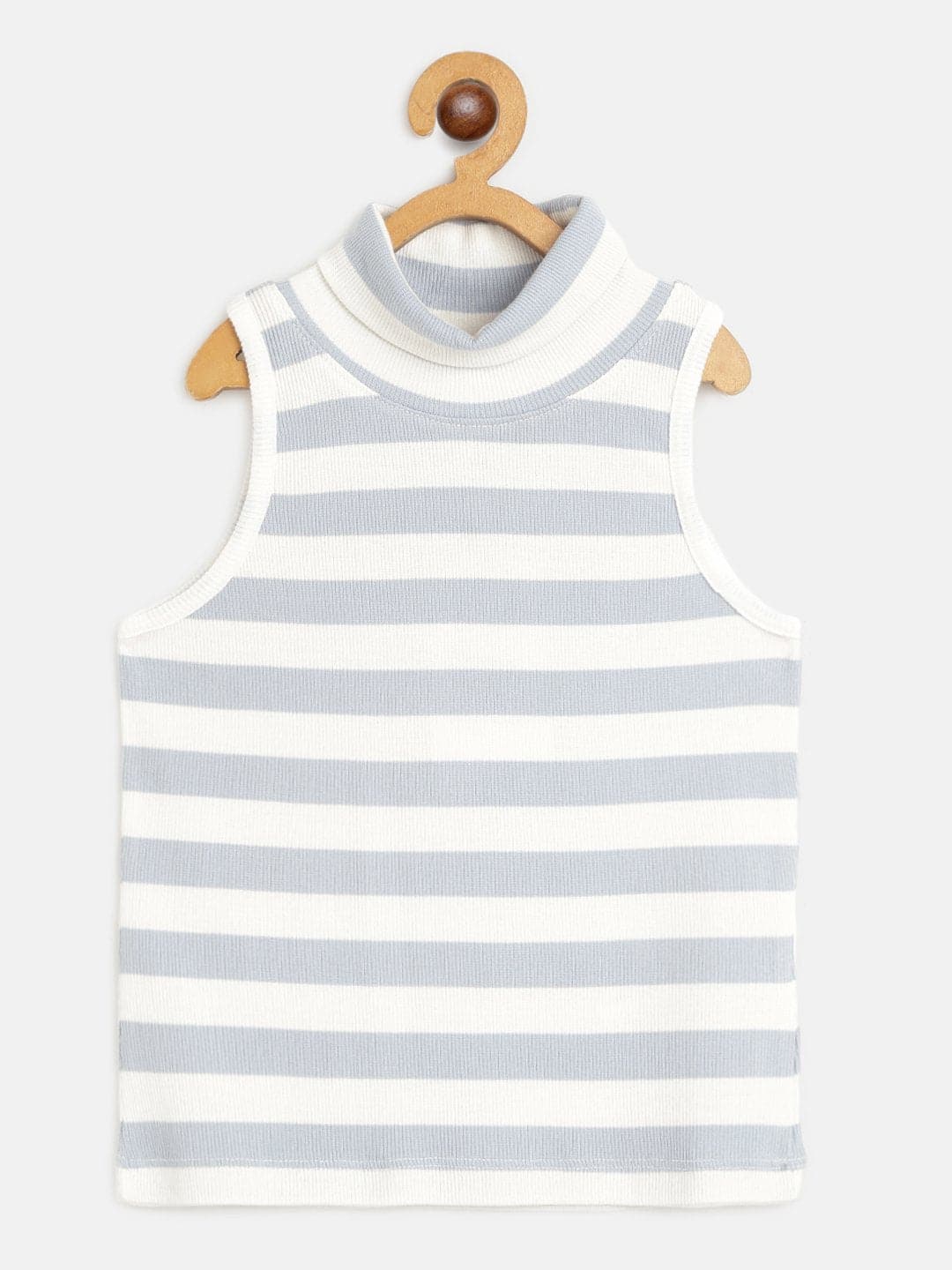 Girls Blue & White Stripes Sleeveless High Neck Rib Top-Girls Tops-SASSAFRAS