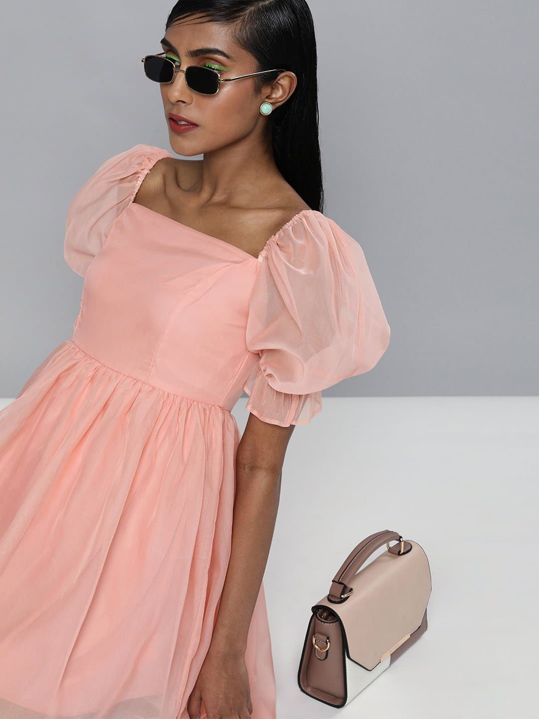 Buy Women Pastel Pink Organza Puff Sleeve Dress Online At Best ...