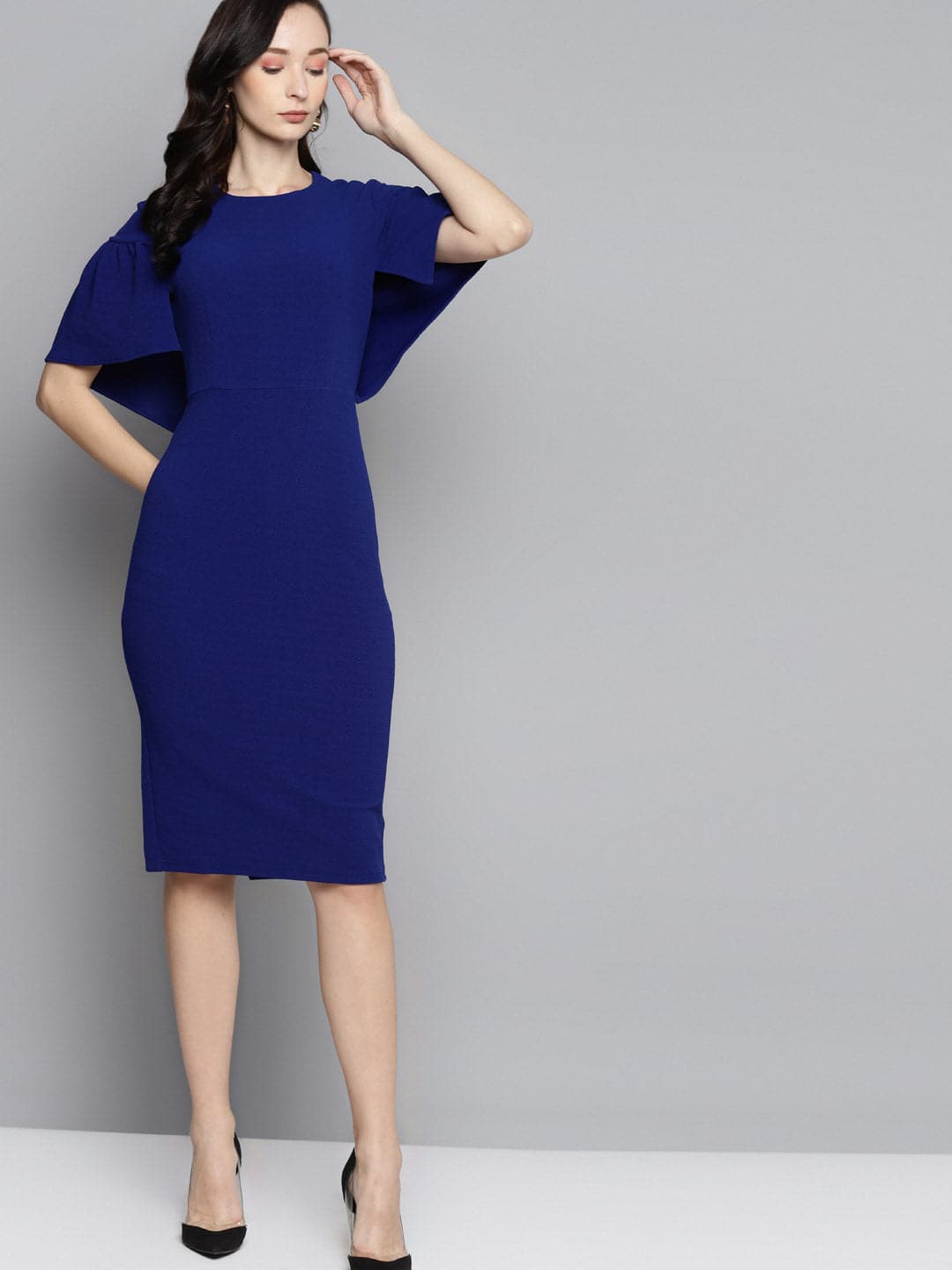 Royal Blue Frill Cape Bodycon Dress-Dress-SASSAFRAS