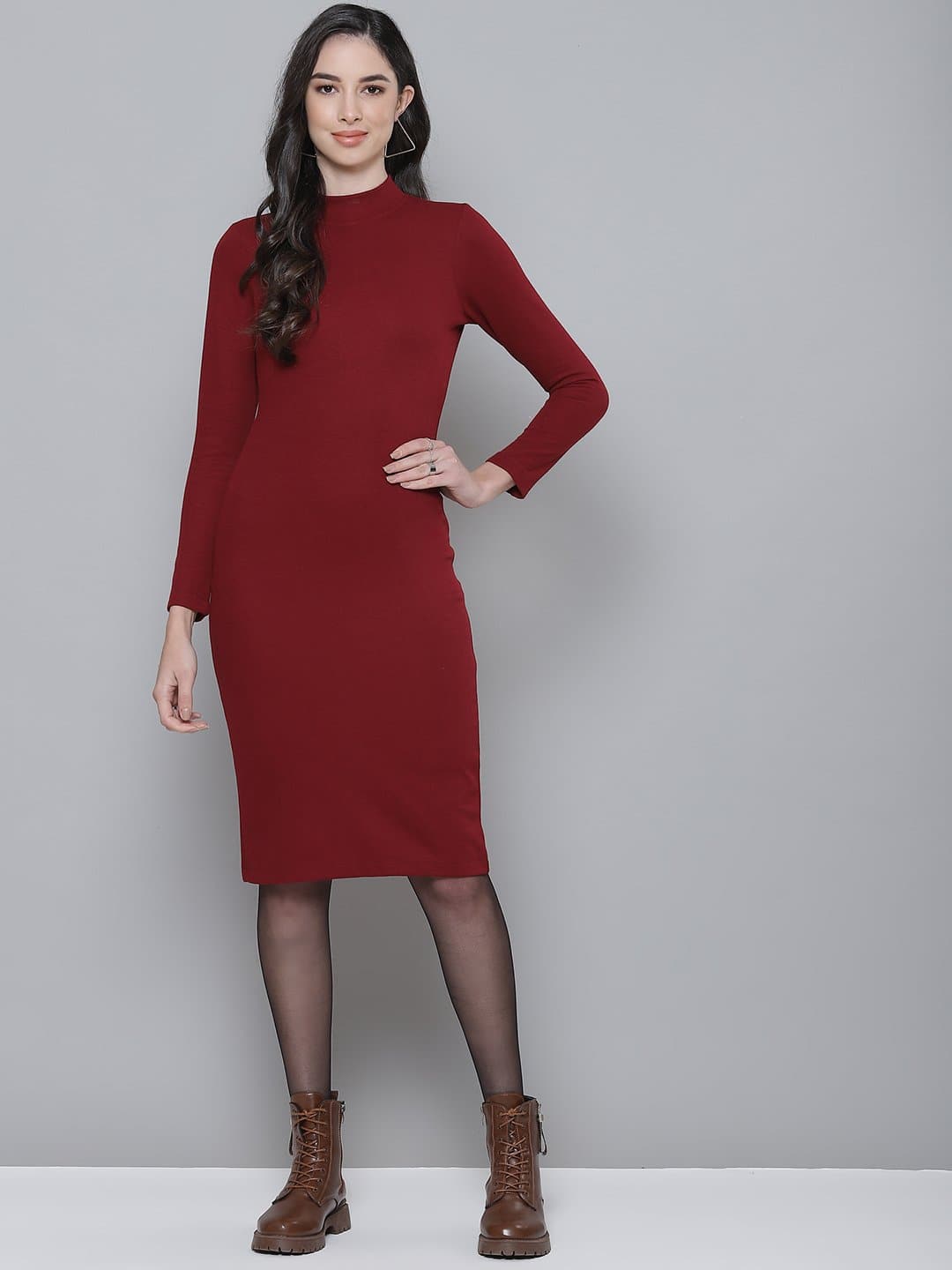 Buy Maroon Rib Turtle Neck Zipped Bodycon Dress Online at Best Price Buy Maroon Rib Turtle Neck Zipped Bodycon Dress Online at Best Price