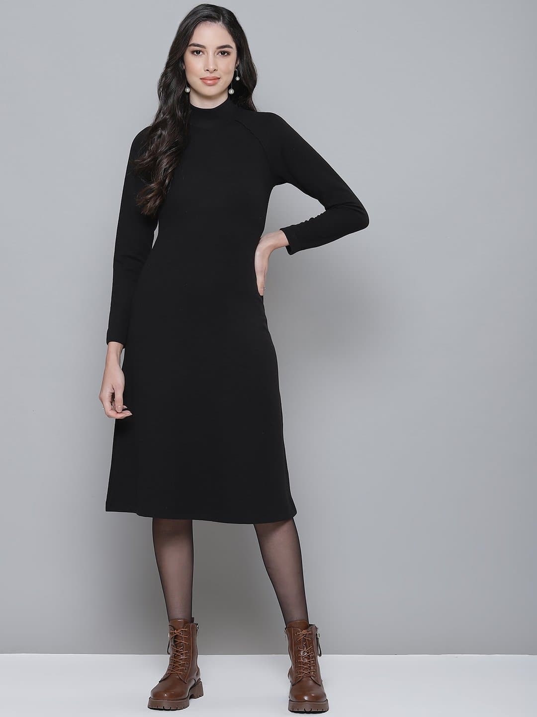 Black Rib Turtle Neck Raglan Sleeve Midi Dress - Main Image