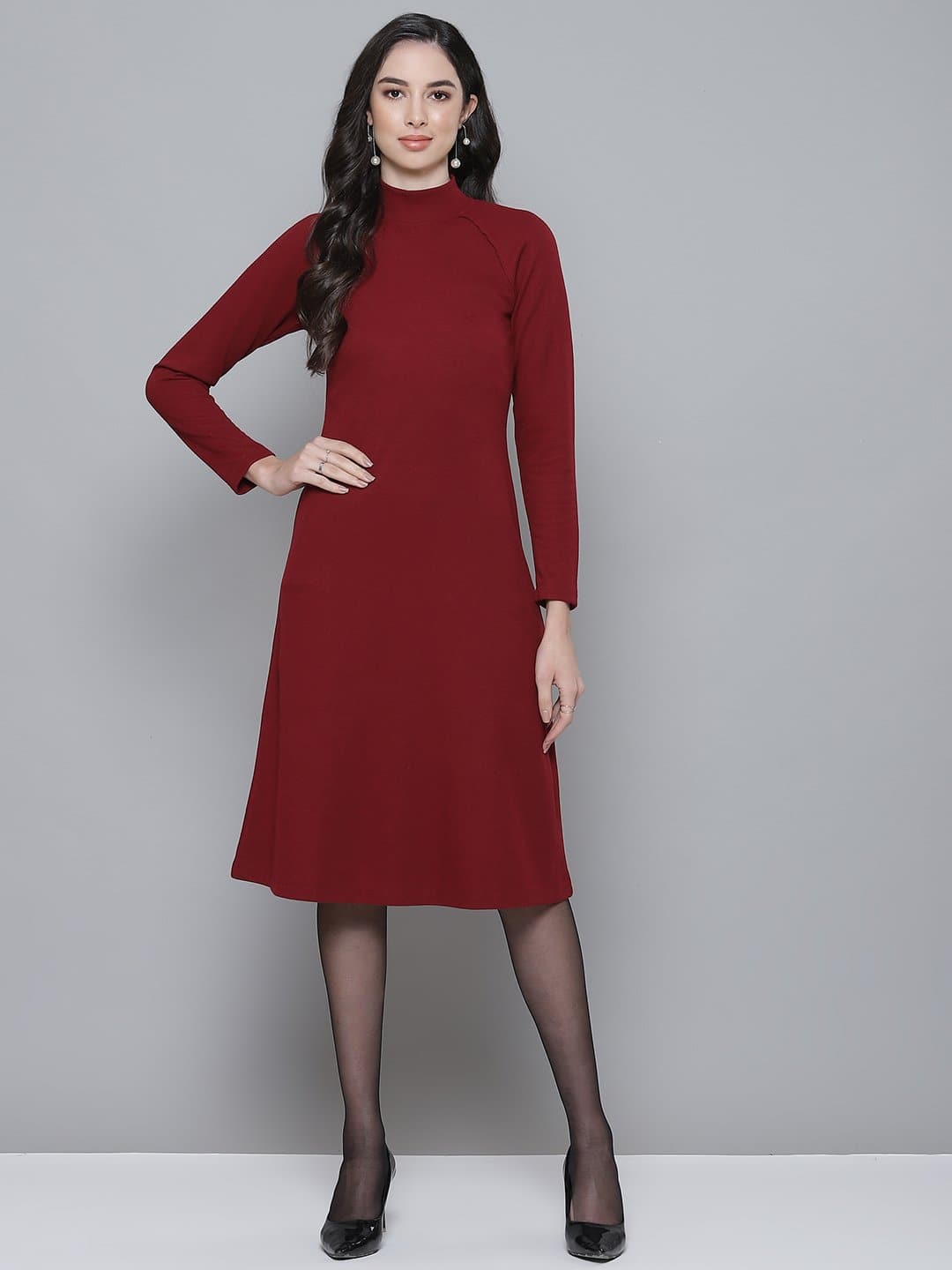 Maroon Rib Turtle Neck Raglan Sleeve Midi Dress-Dress-SASSAFRAS