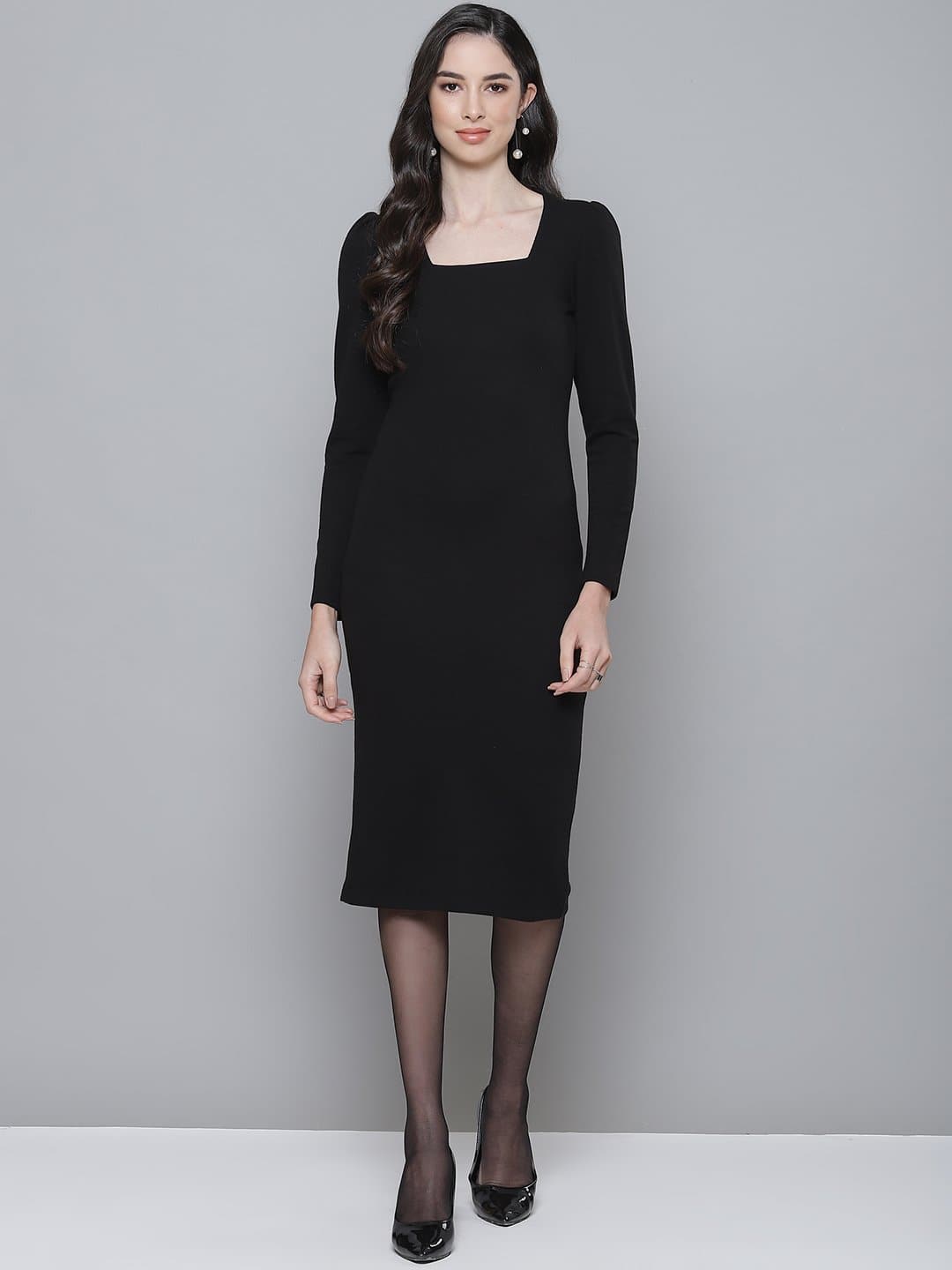 Buy Black Rib Puff Sleeves Square Neck Bodycon Dress Online at Best Price - Sassafras Buy Black Rib Puff Sleeves Square Neck Bodycon Dress Online at Best Price - Sassafras