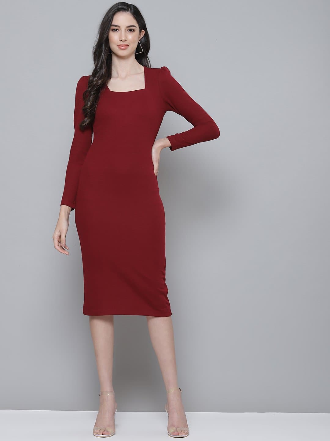 Maroon Rib Puff Sleeves Square Neck Bodycon Dress-Dress-SASSAFRAS