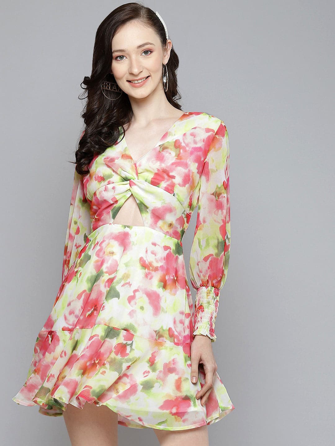 Women White Pink Floral Front Knot Short Dress - Main Image