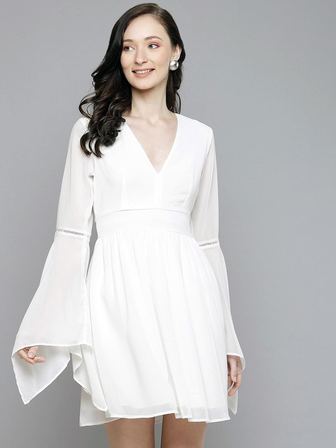 Women White Boho Sleeve Skater Dress-Dress-SASSAFRAS