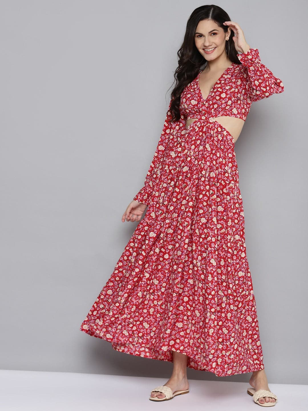Buy Red Ditsy Floral Waist Cut-Out Maxi Dress Online At Best Price