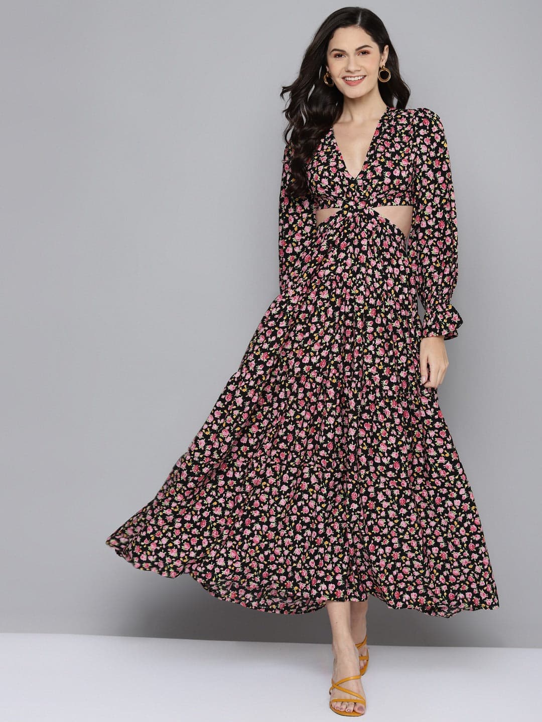 Women Black Ditsy Floral Waist Cut-Out Maxi Dress-Dress-SASSAFRAS