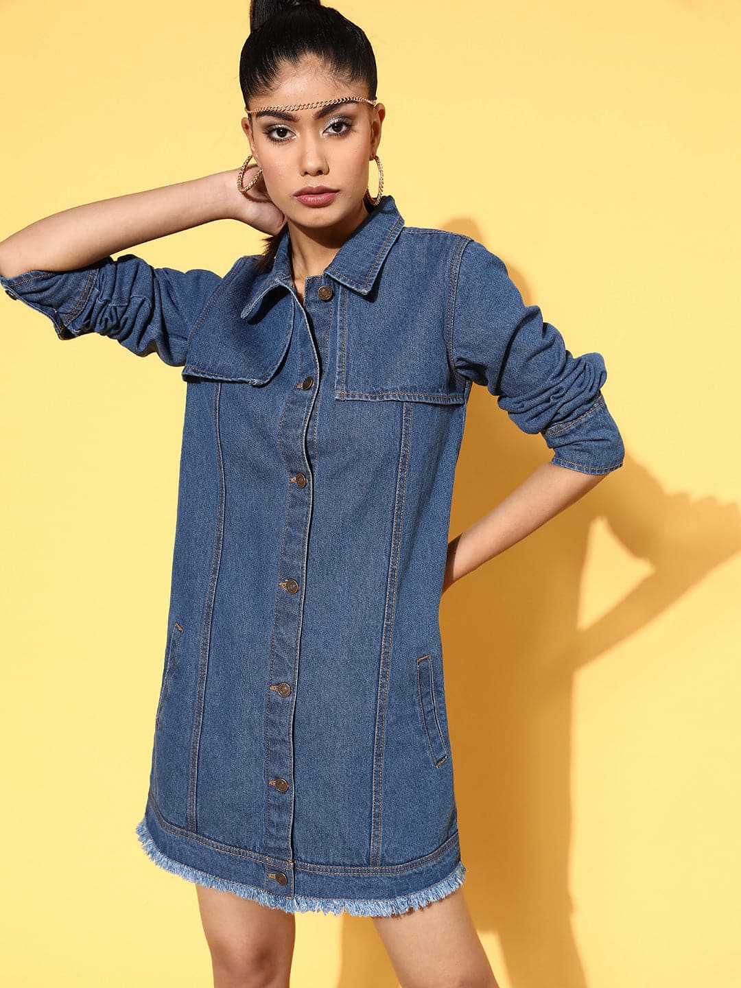 Women Blue Front Flap Denim Shirt Dress-Dress-SASSAFRAS