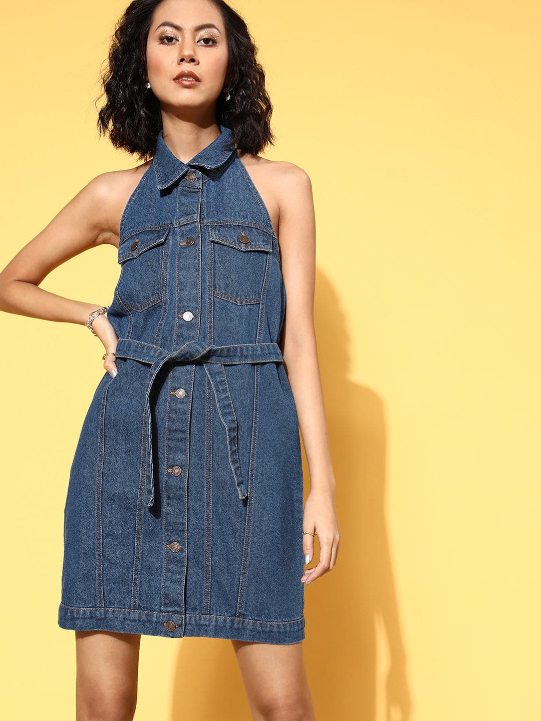 Buy Women Blue Halter Collar Neck Denim Dress Online at Best Price Buy Women Blue Halter Collar Neck Denim Dress Online at Best Price