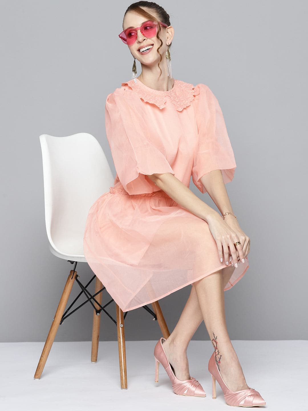 Women Pink Embroidered Collar Organza Dress-Dress-SASSAFRAS