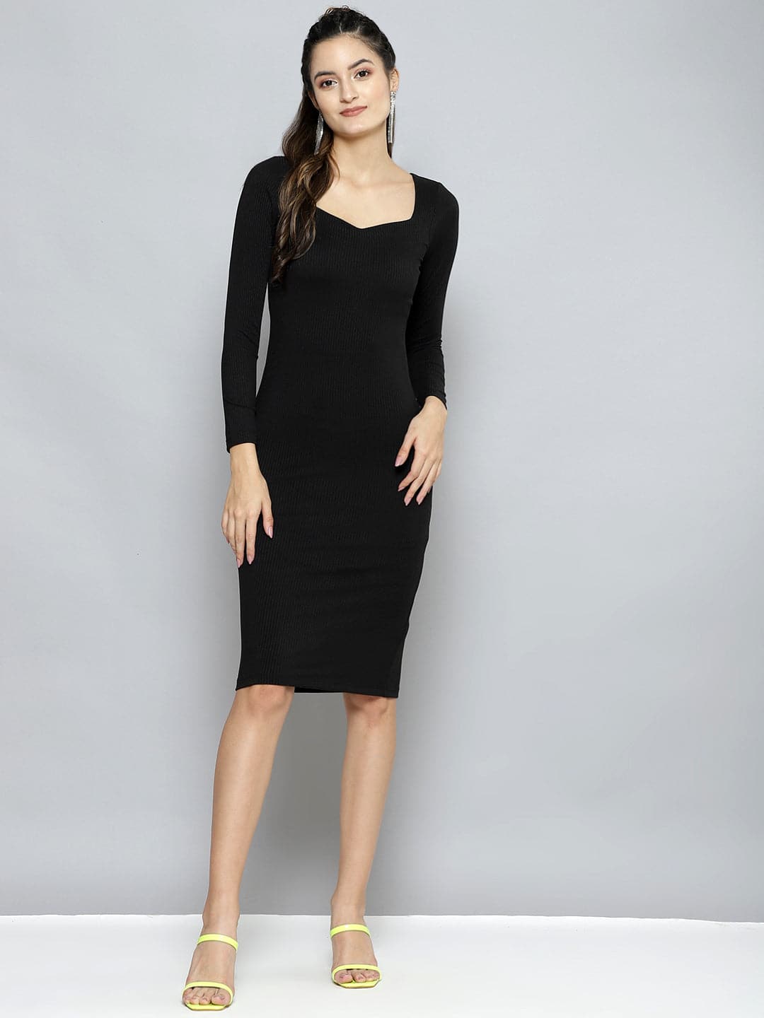Women Charcoal Rib Sweetheart Neck BodyCon Midi Dress-Dress-SASSAFRAS