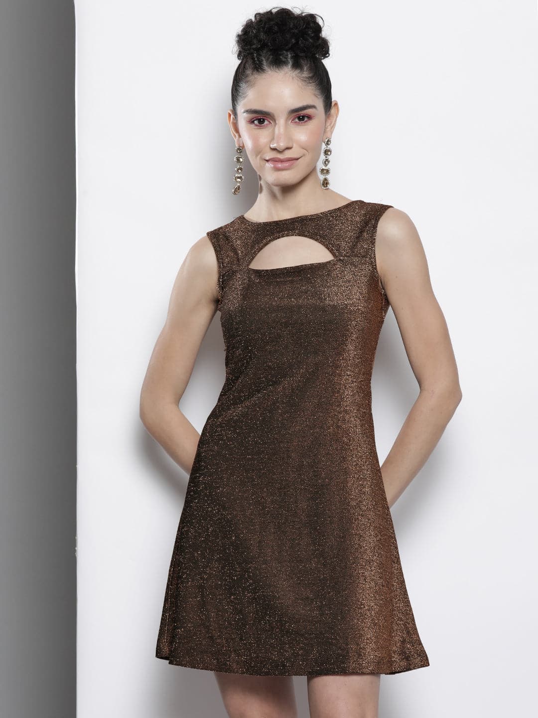 Gold Lurex Front Moon Cut A-Line Dress-SASSAFRAS