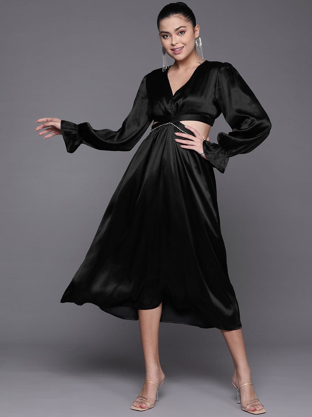 Buy Women Black Satin Cut Out Midi Dress Online at Best Price - Sassafras Buy Women Black Satin Cut Out Midi Dress Online at Best Price - Sassafras