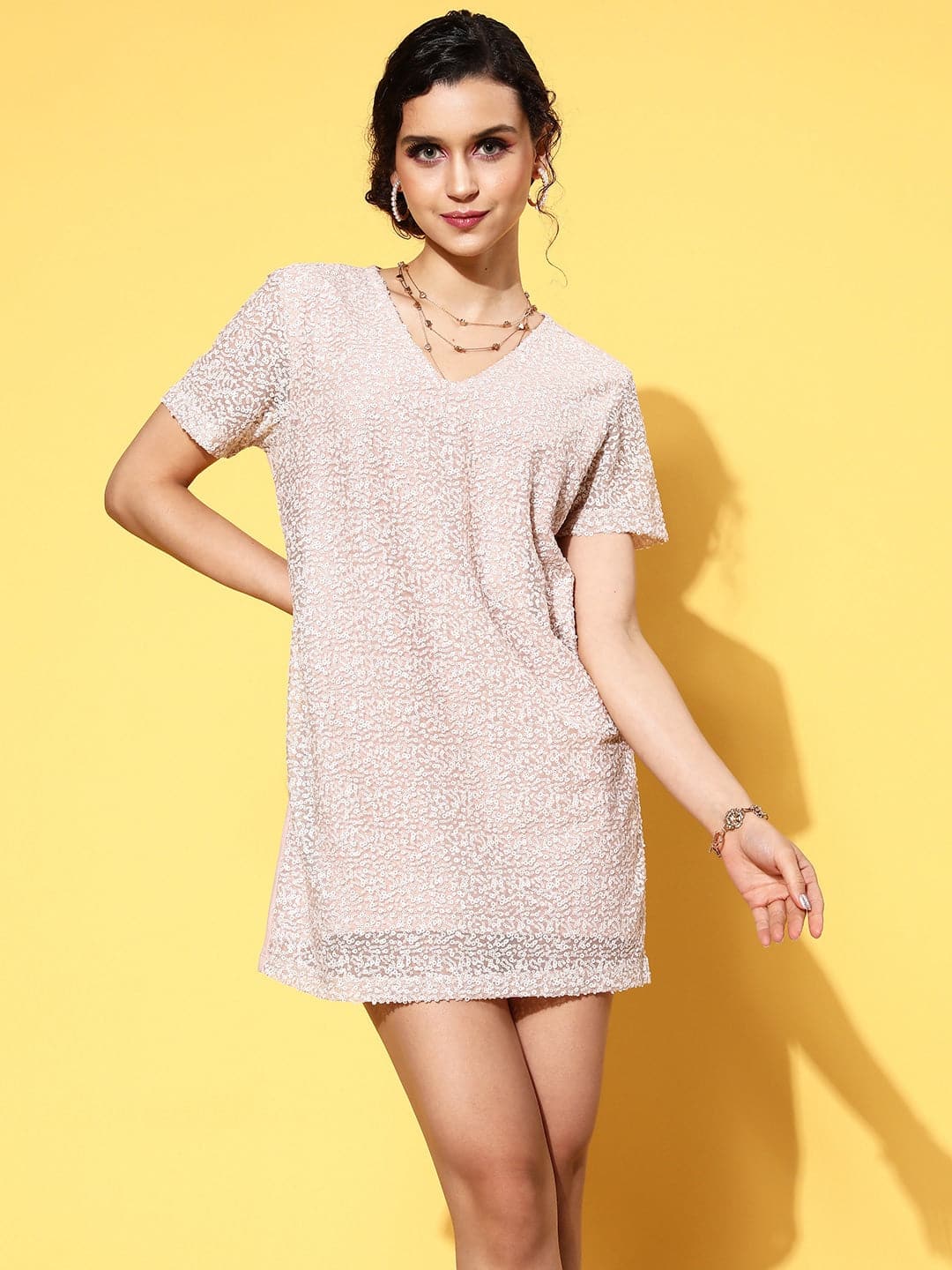 Cream Sequins V-Neck T-shirt Dress-SASSAFRAS