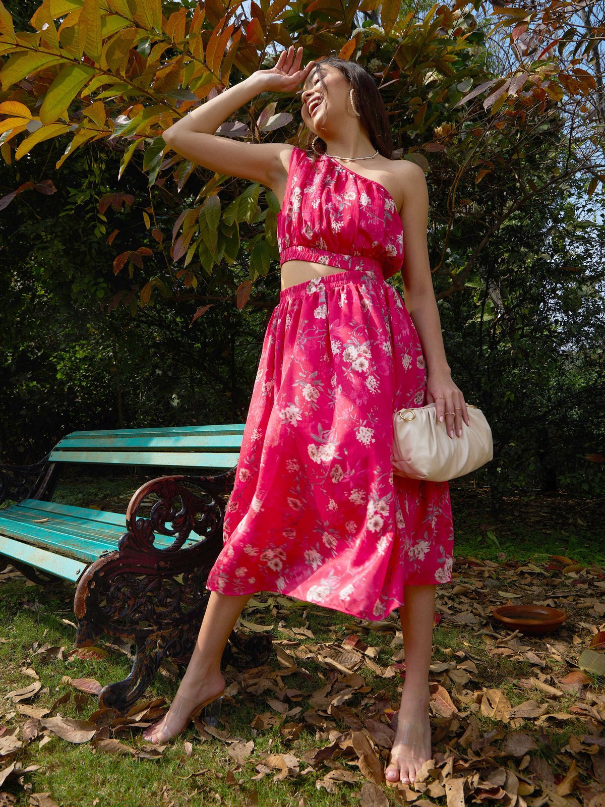 Pink Floral Chinon One Shoulder Side Cut-Out Dress-SASSAFRAS