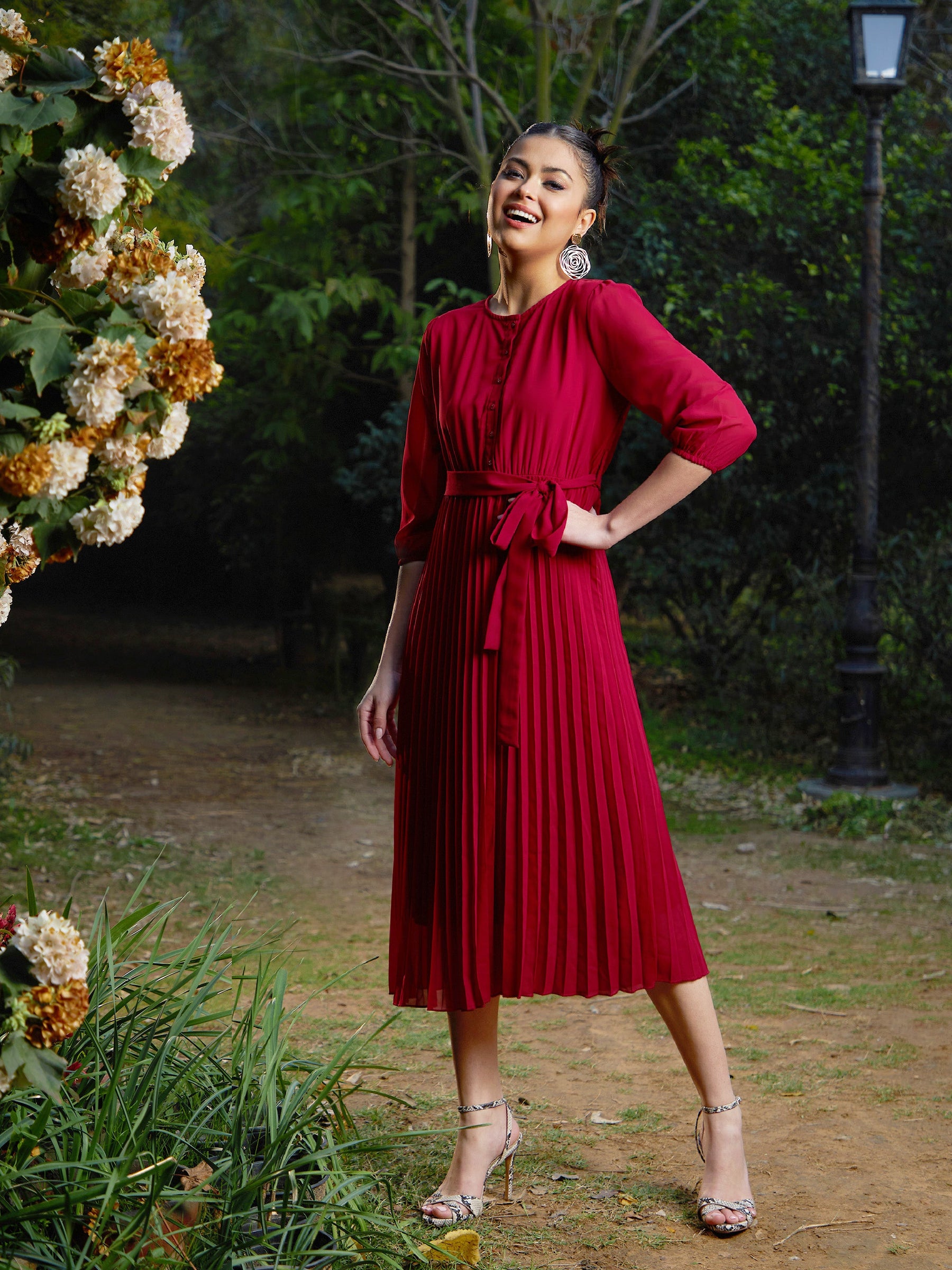 Maroon Accordion Pleated Belted Midi Dress-SASSAFRAS